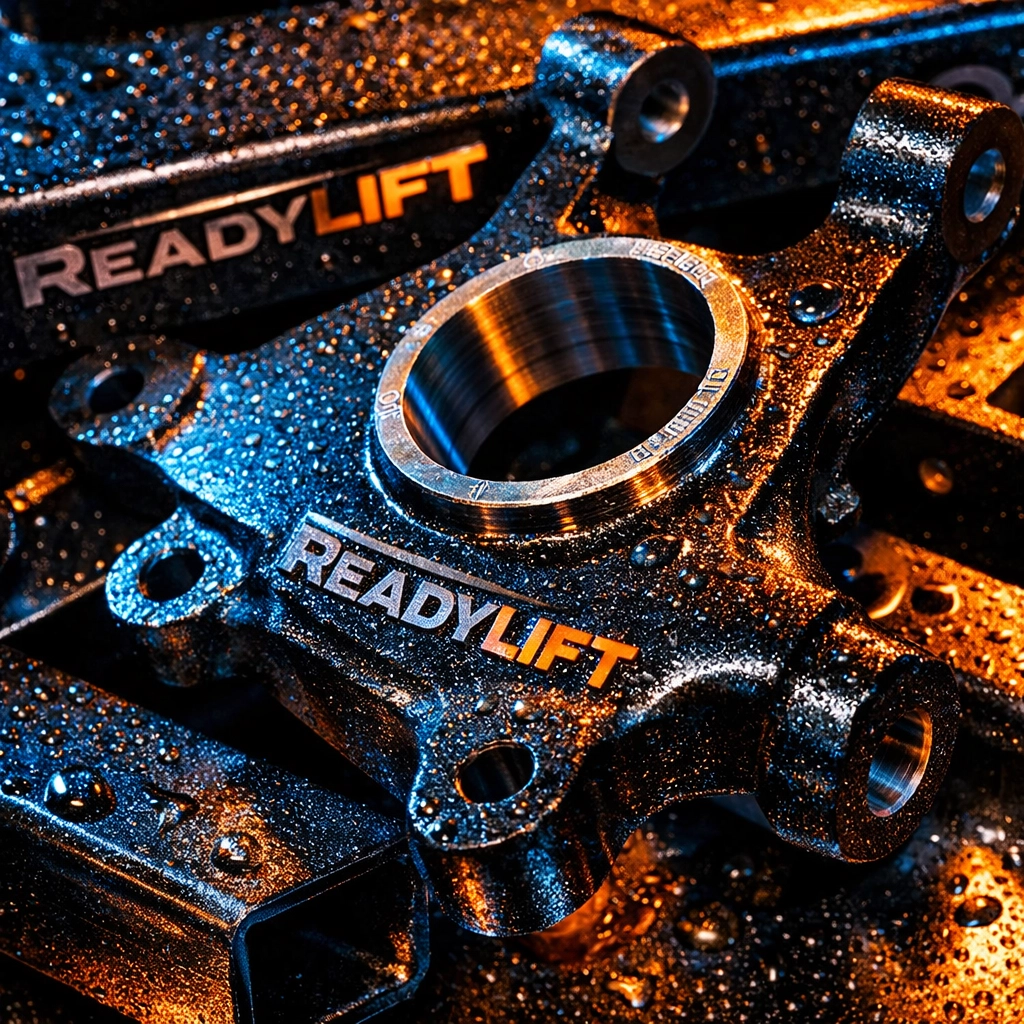 ReadyLift cast iron steering knuckles and boxed steel cross members with powder-coated finish