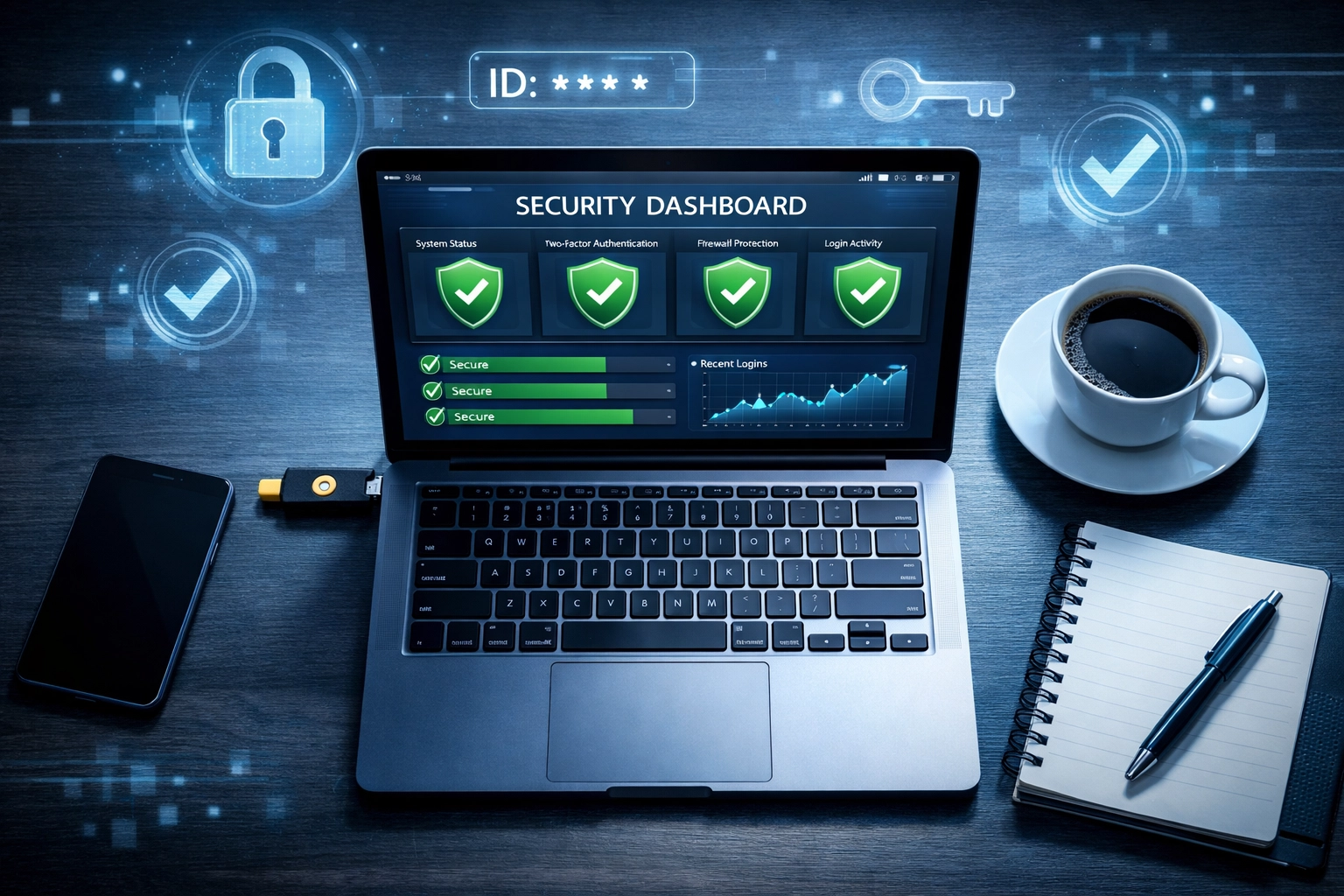 Business laptop with security dashboard and hardware key demonstrating phishing-resistant MFA setup