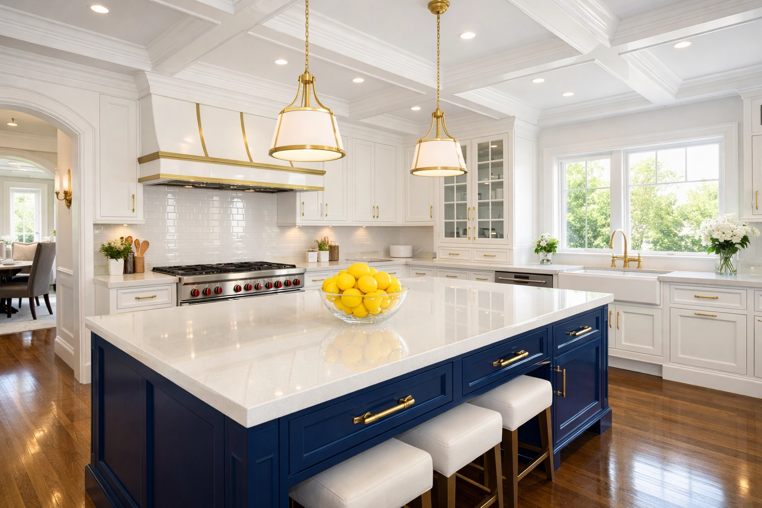 Spotless gourmet kitchen in a Foxborough estate, demonstrating professional residential cleaning for luxury homes.