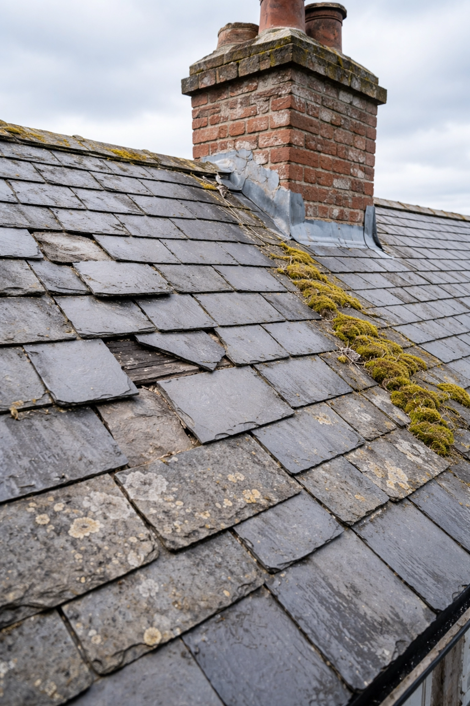 Close-up of cracked and slipped slate tiles with moss on a traditional Northern Ireland home roof