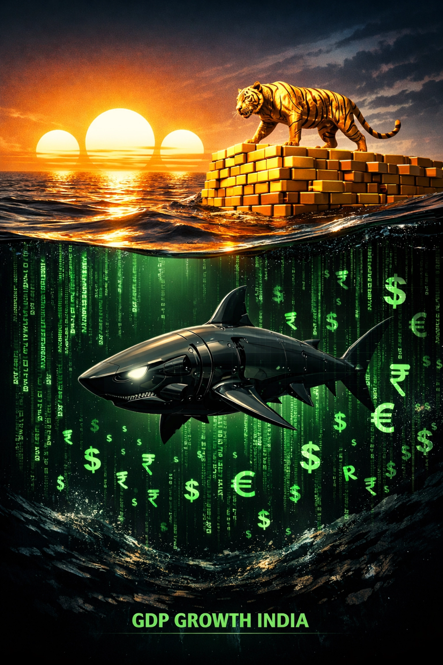 Deep-sea data visualization showing elite shark investors navigating the complex GDP Growth India paradox.