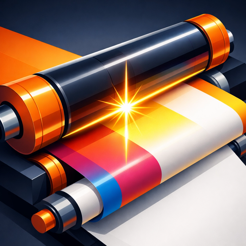 Modern print press cylinder using AI scanning for real-time quality control and production precision.