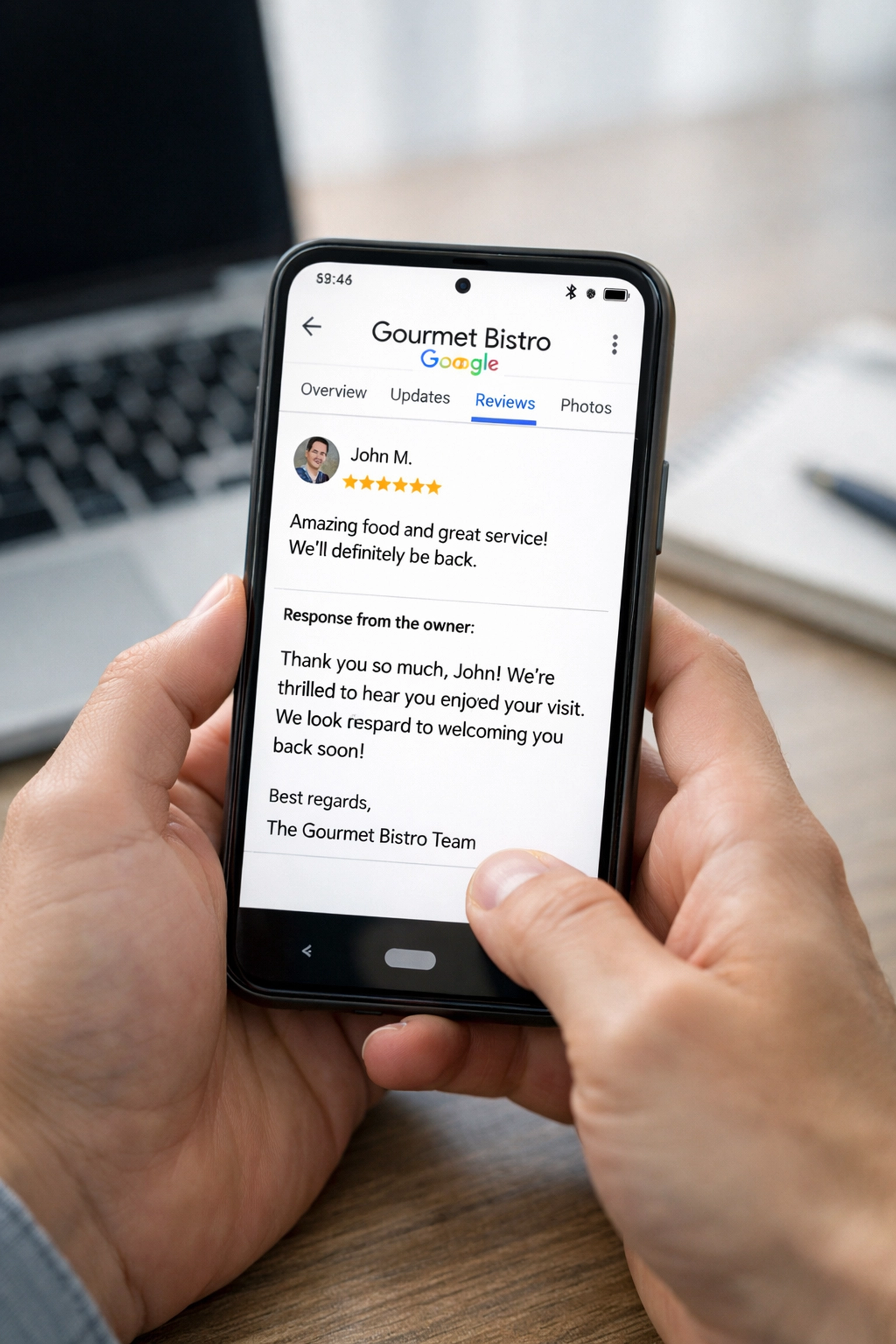 Contractor responding to customer review on Google Business Profile Contractor responding to customer review on Google Business Profile