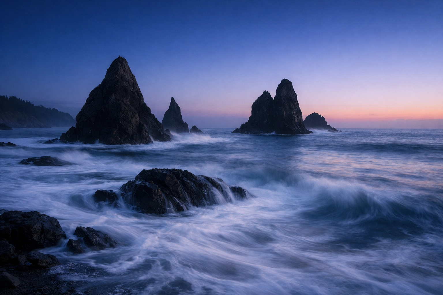 Long exposure coastal landscape photography at blue hour with a focus on natural editing.