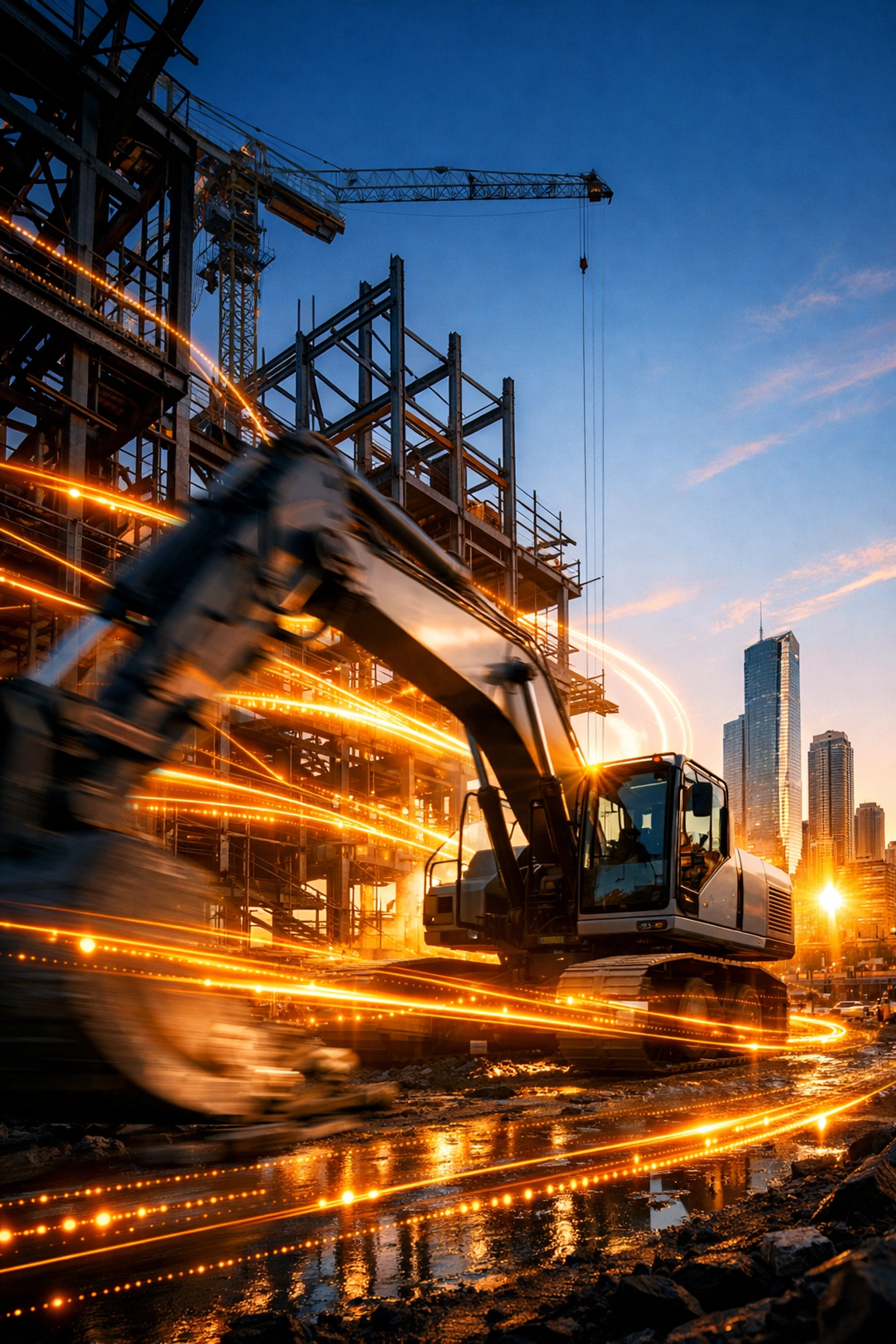 Modern construction site at sunrise symbolizing the speed of capital and unsecured working capital efficiency.
