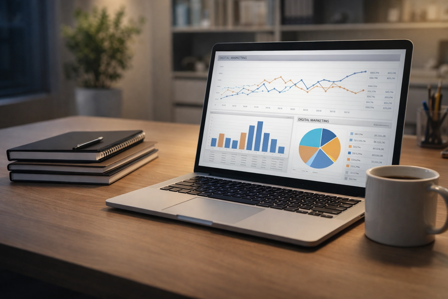 Digital marketing workspace with analytics dashboard on laptop - Simon Leung