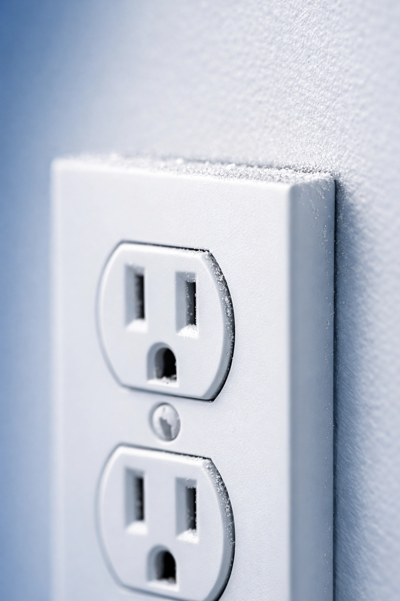 Detailed view of white drywall dust on an electrical outlet plate in a new home.
