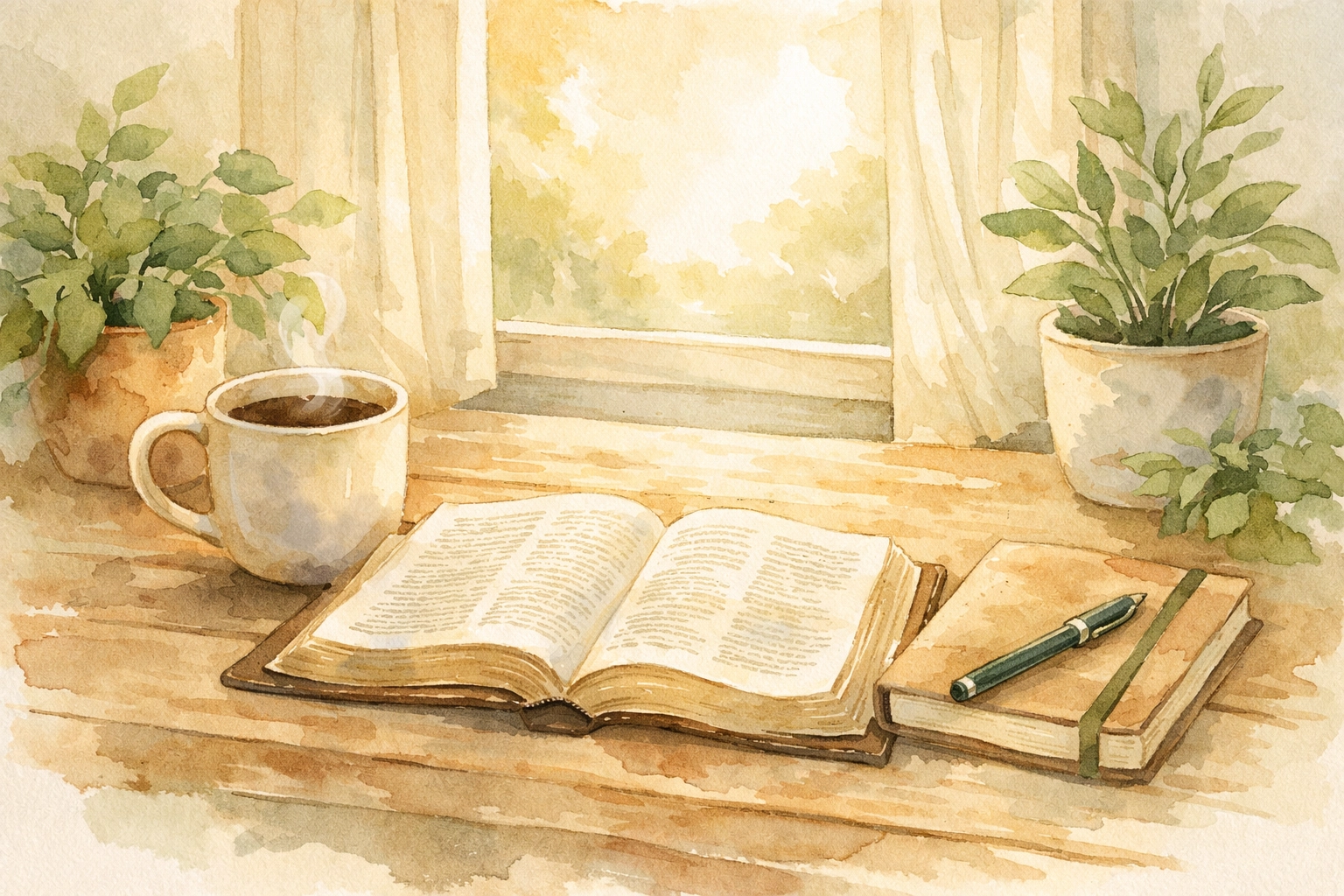 Open Bible with coffee and journal on table representing peaceful Christ-centered morning routine
