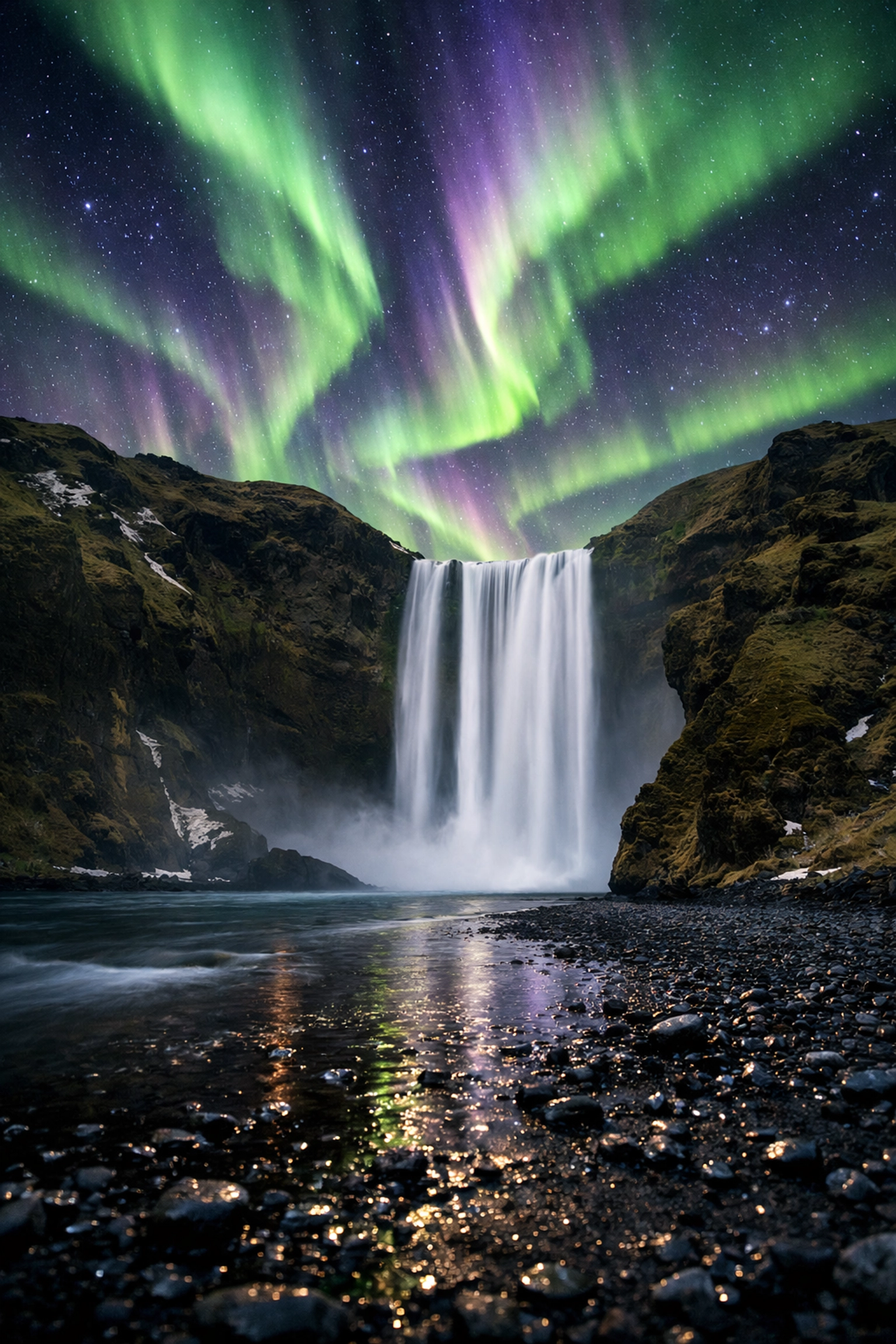 Northern Lights over Skógafoss waterfall, Iceland, using travel photography tips for low-light shots.