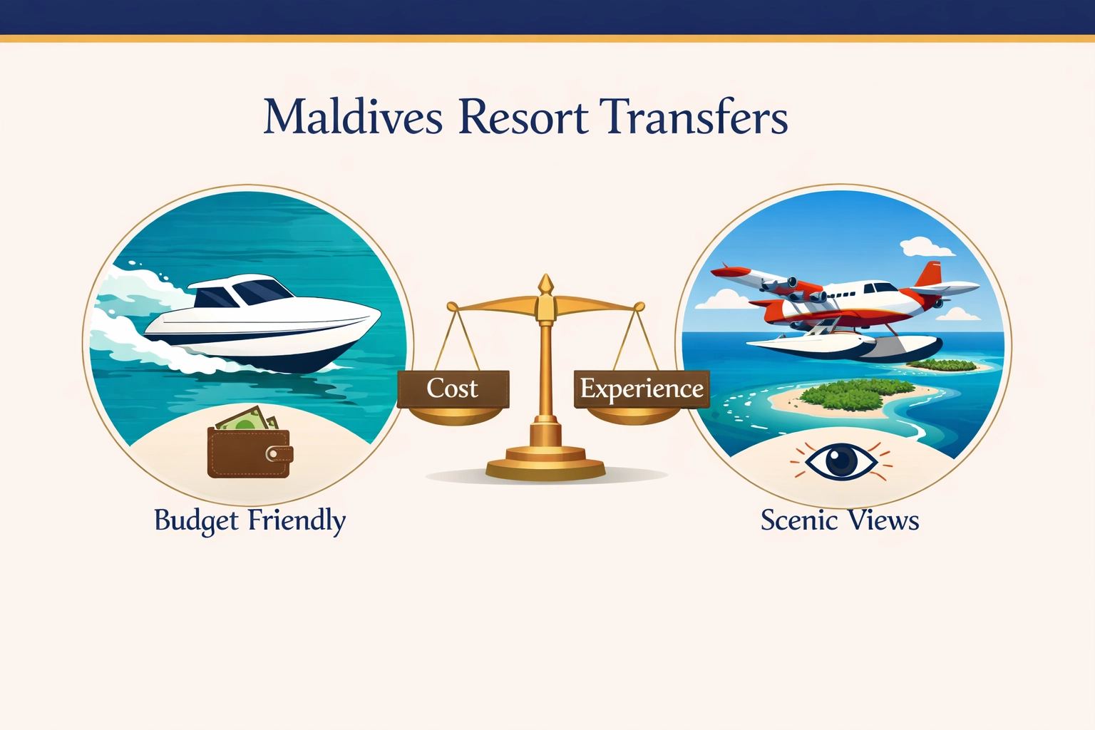 Infographic comparing Maldives luxury resort transfer costs and experiences for speedboats and seaplanes.