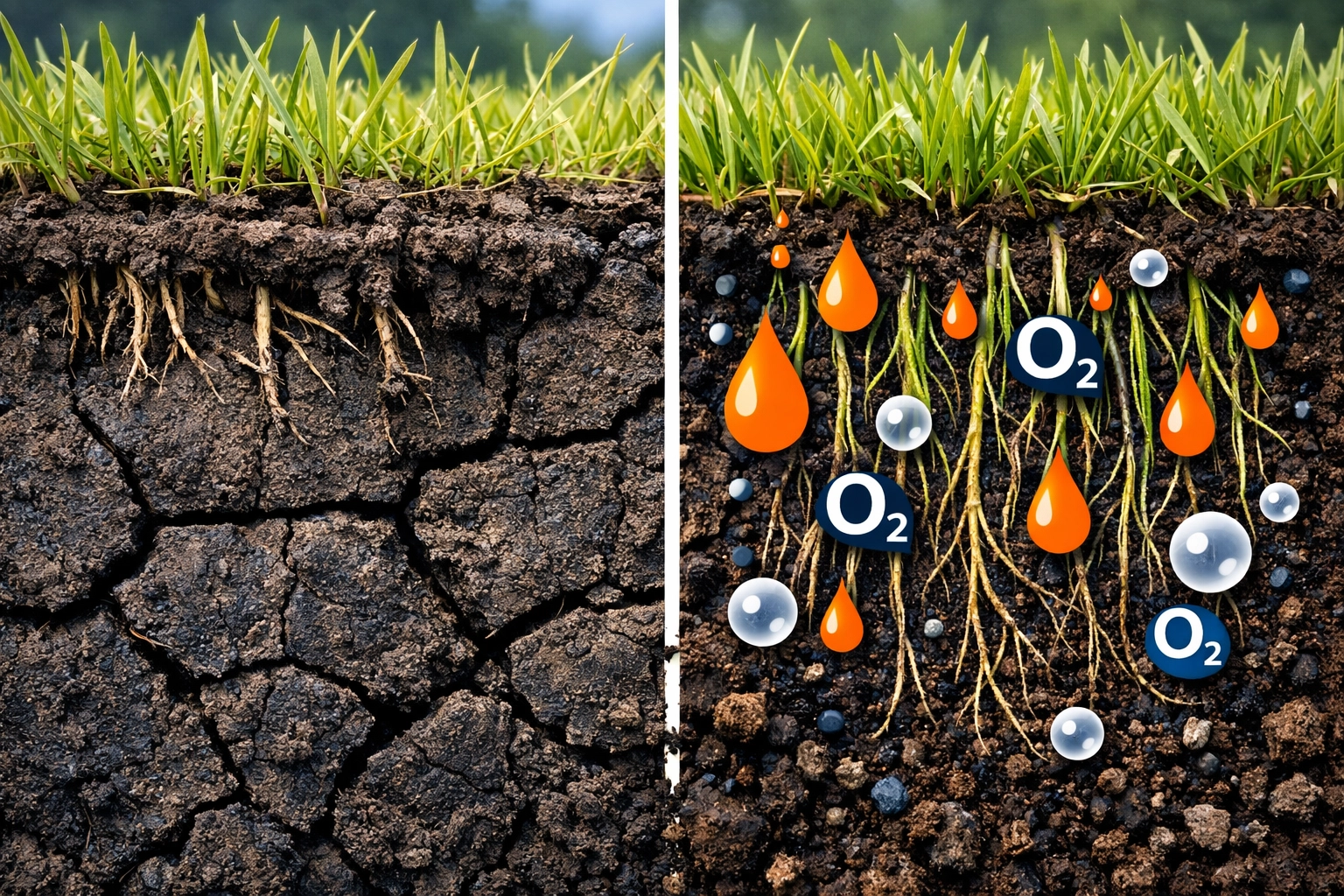 Comparison of suffocating compacted lawn soil versus healthy aerated soil with deep grass roots.