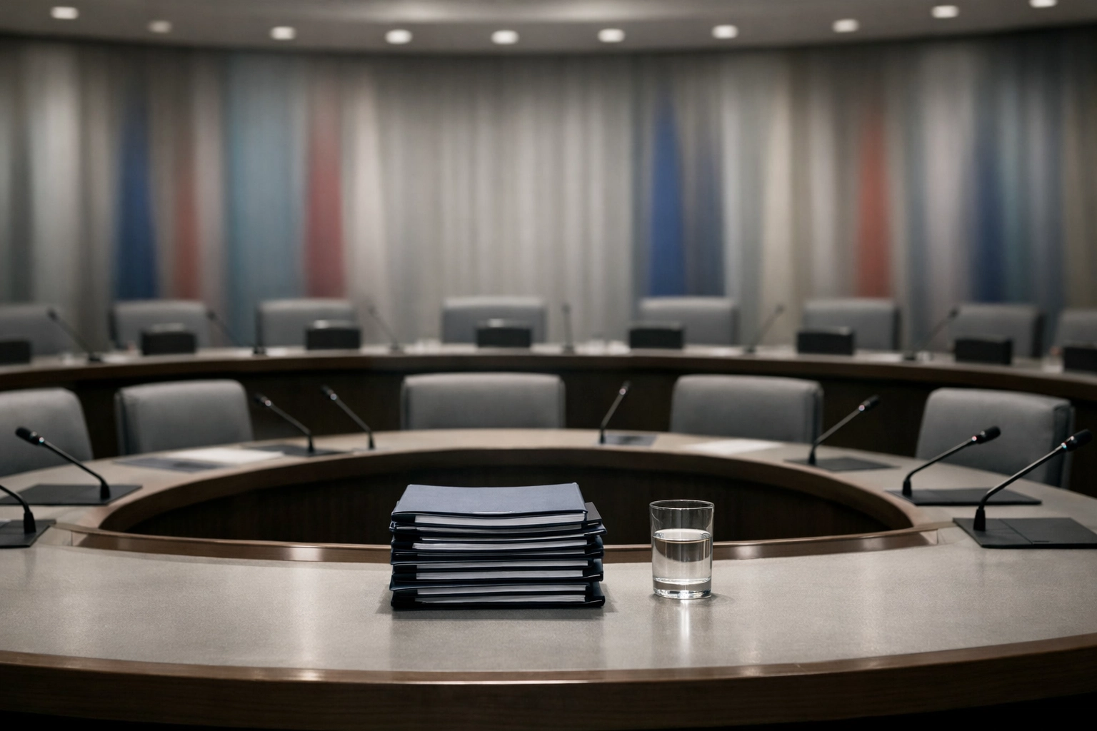 An empty diplomatic conference room with microphones and briefing folders for international peace talks.