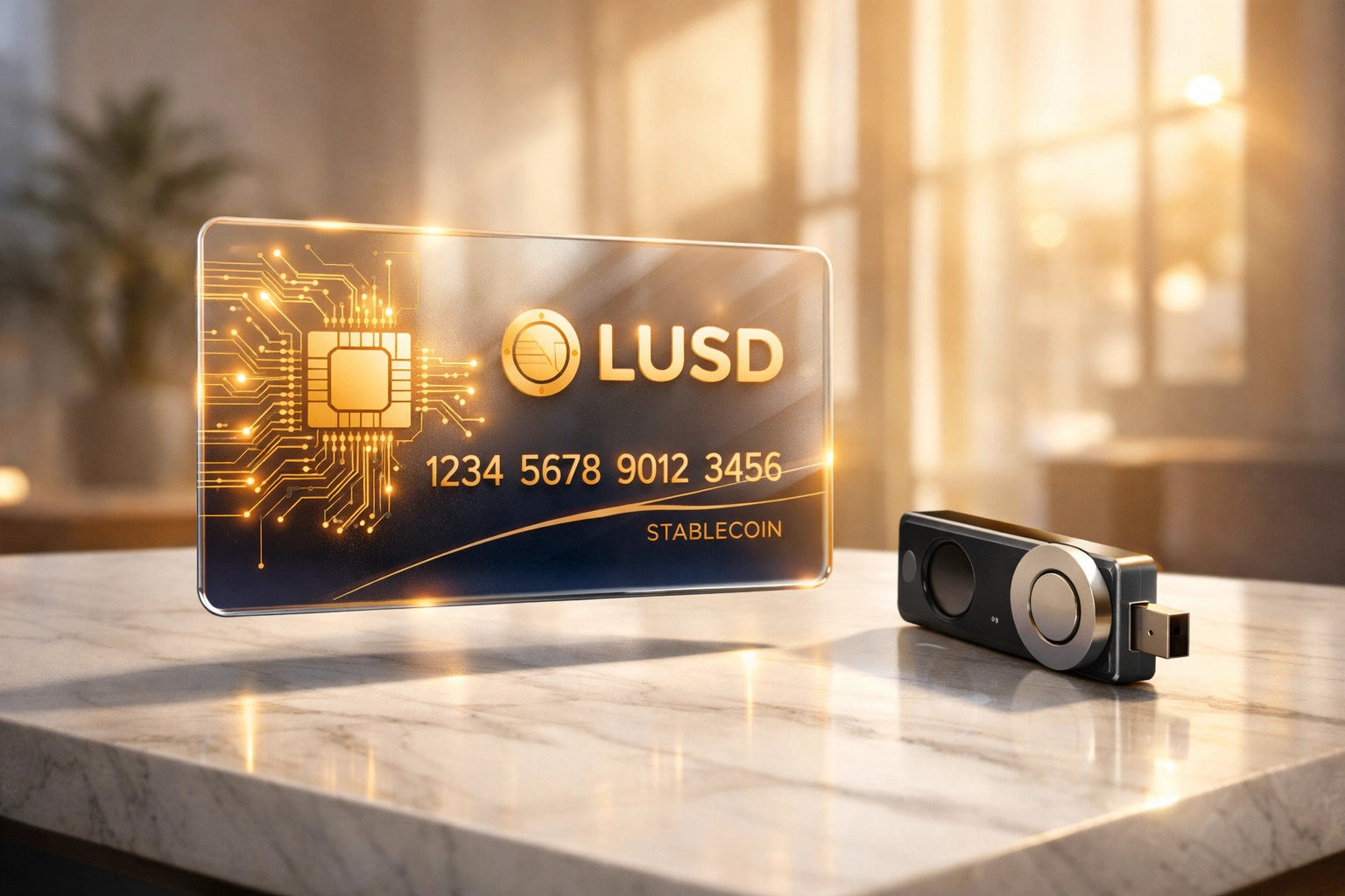 Secure LUSD stablecoin payment card and hardware security key for self-custody Web3 transactions.