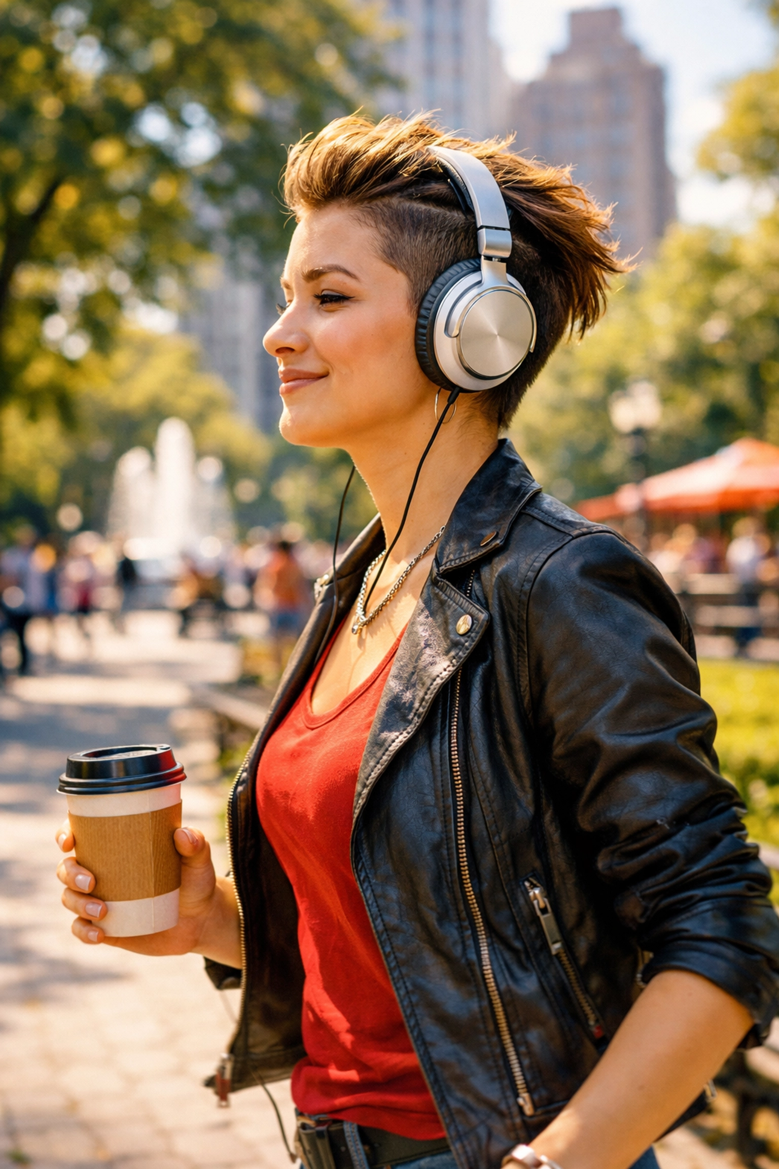 A lesbian woman listening to a queer audiobook on her headphones while walking through a bright city park.
