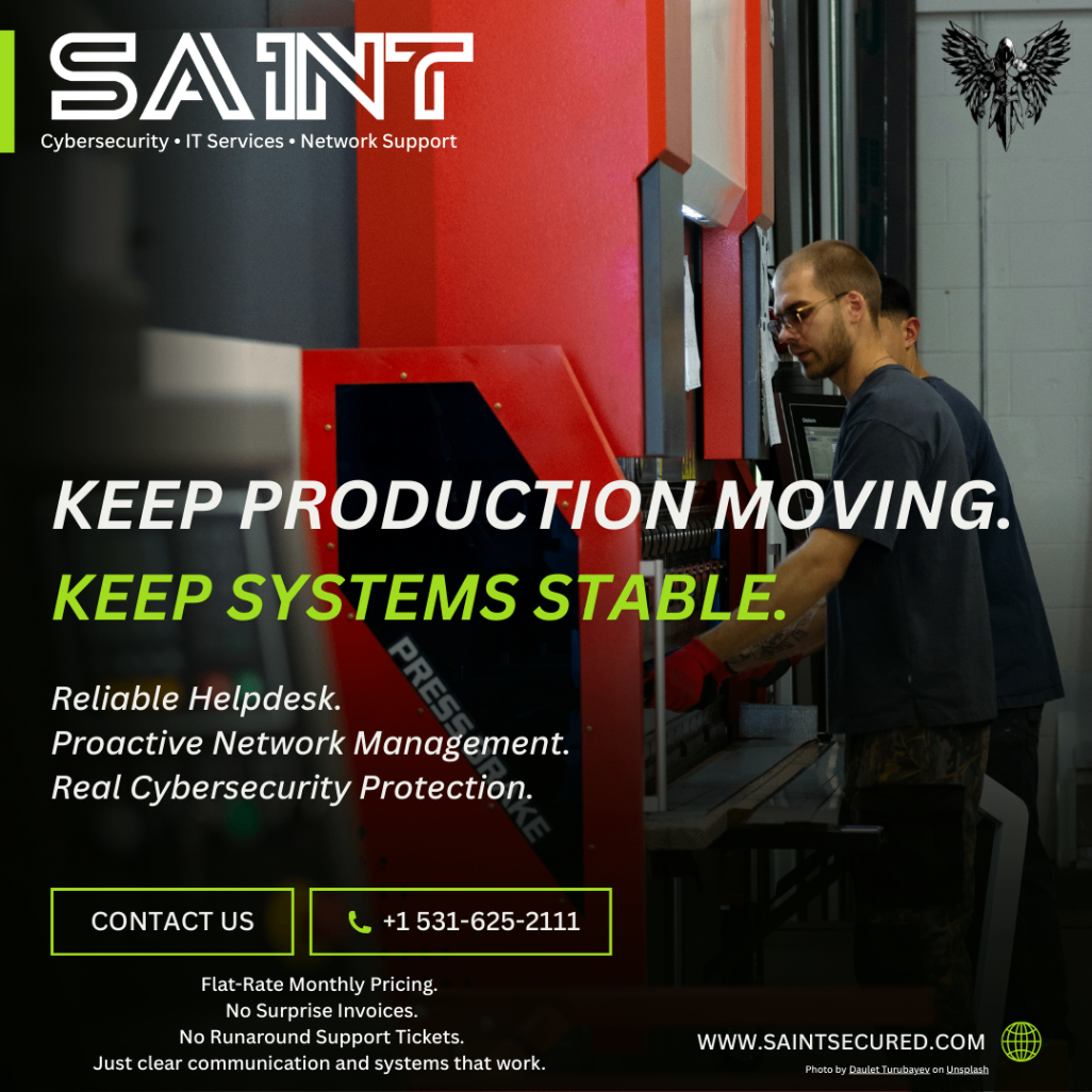 Manufacturing worker operating machinery with SAINT branding