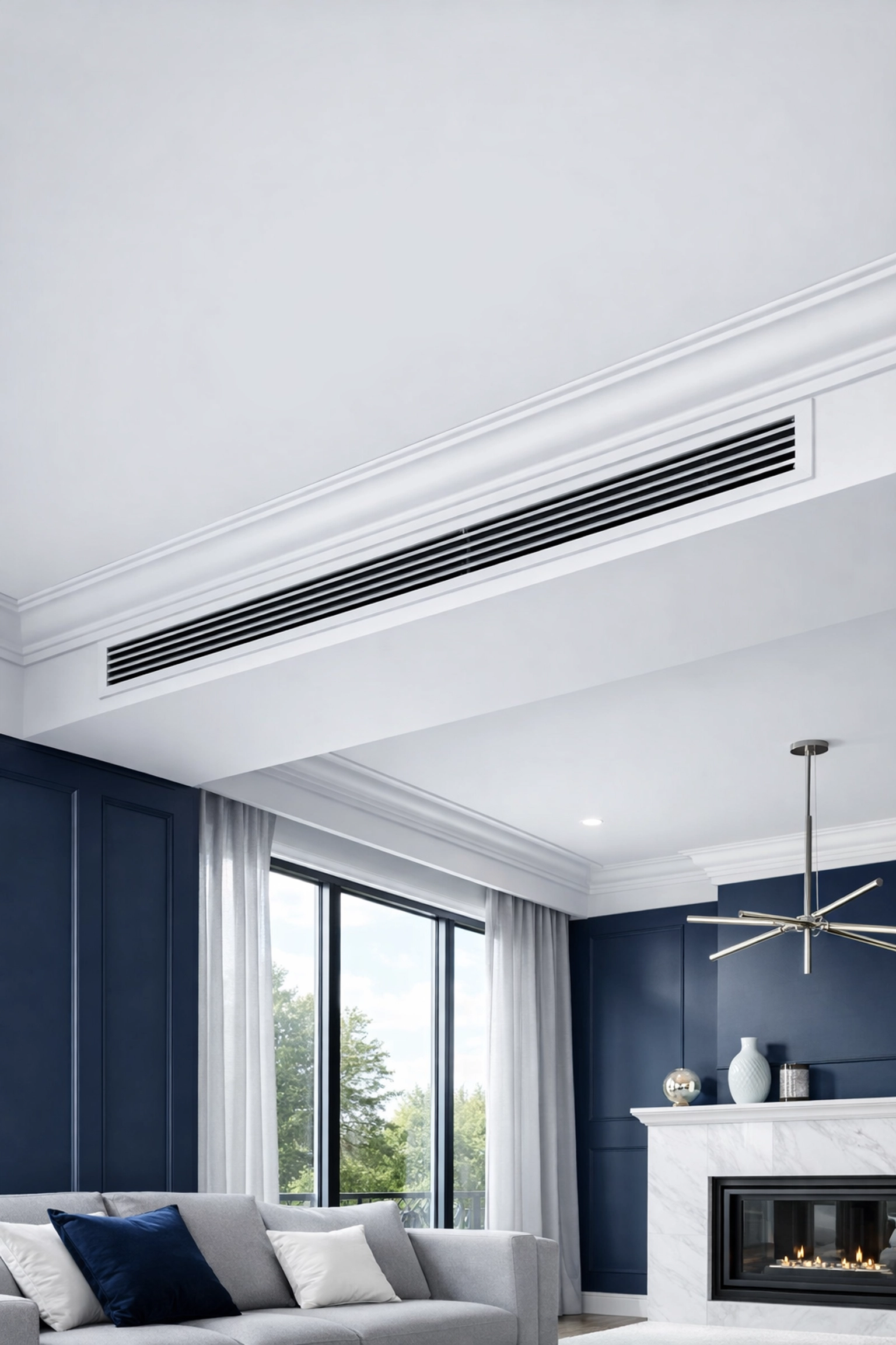 Clean ceiling vents and molding in a Southborough MA living room after post construction cleaning.