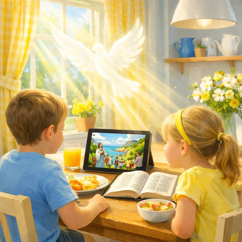Children watching a Christian cartoon on a tablet during a morning daily devotional with an open Bible.