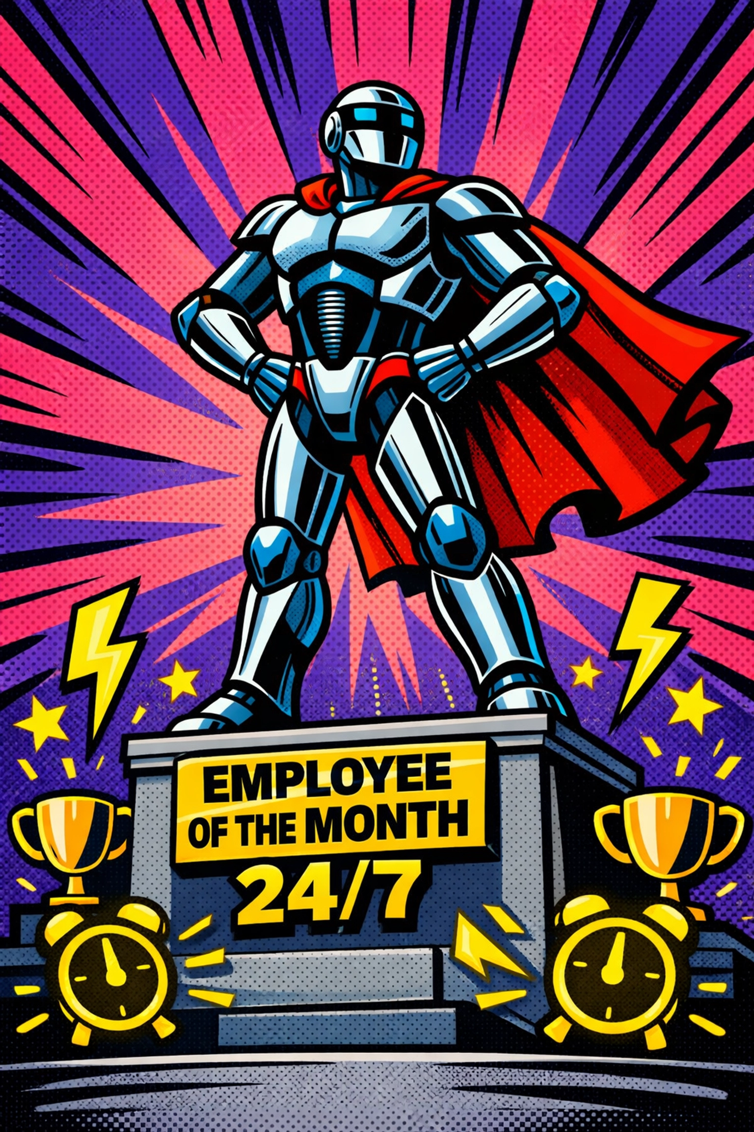 Heroic robot depicting efficient AI business automation as the perfect virtual assistant for scale.