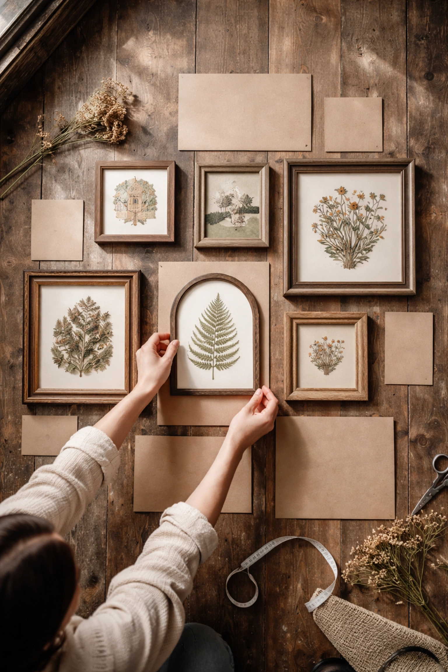 Overhead view of hands arranging artisan artwork and handcrafted decor on a wooden floor for a gallery wall layout