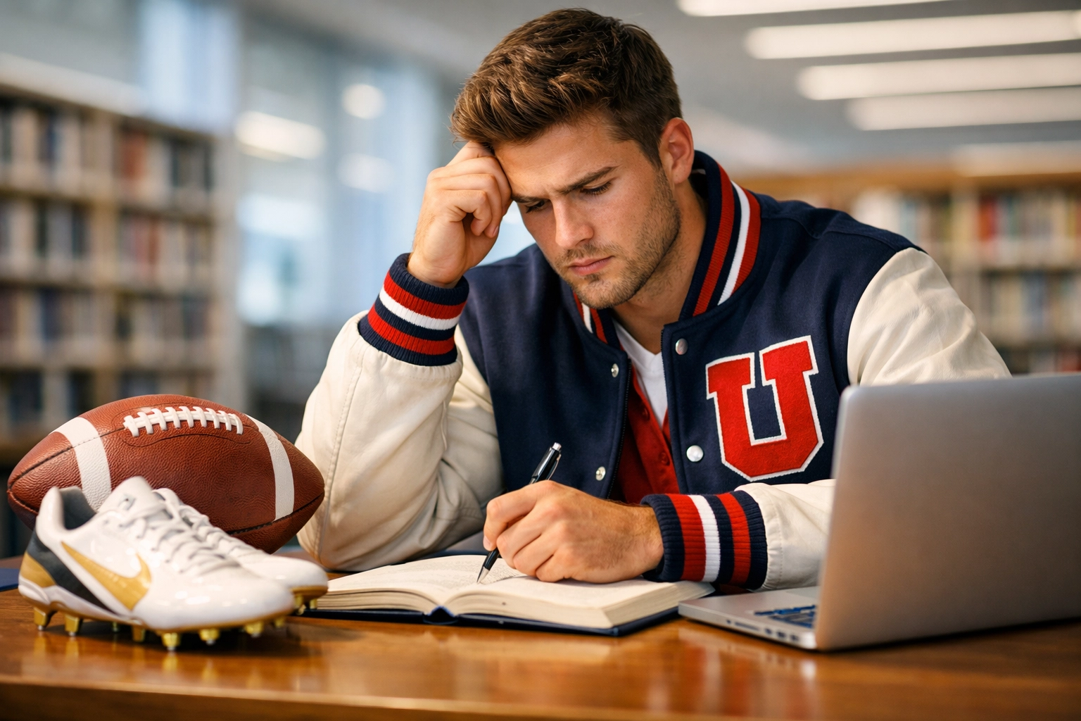 College student athlete studying in a library, representing the academic discipline required for NIL eligibility.