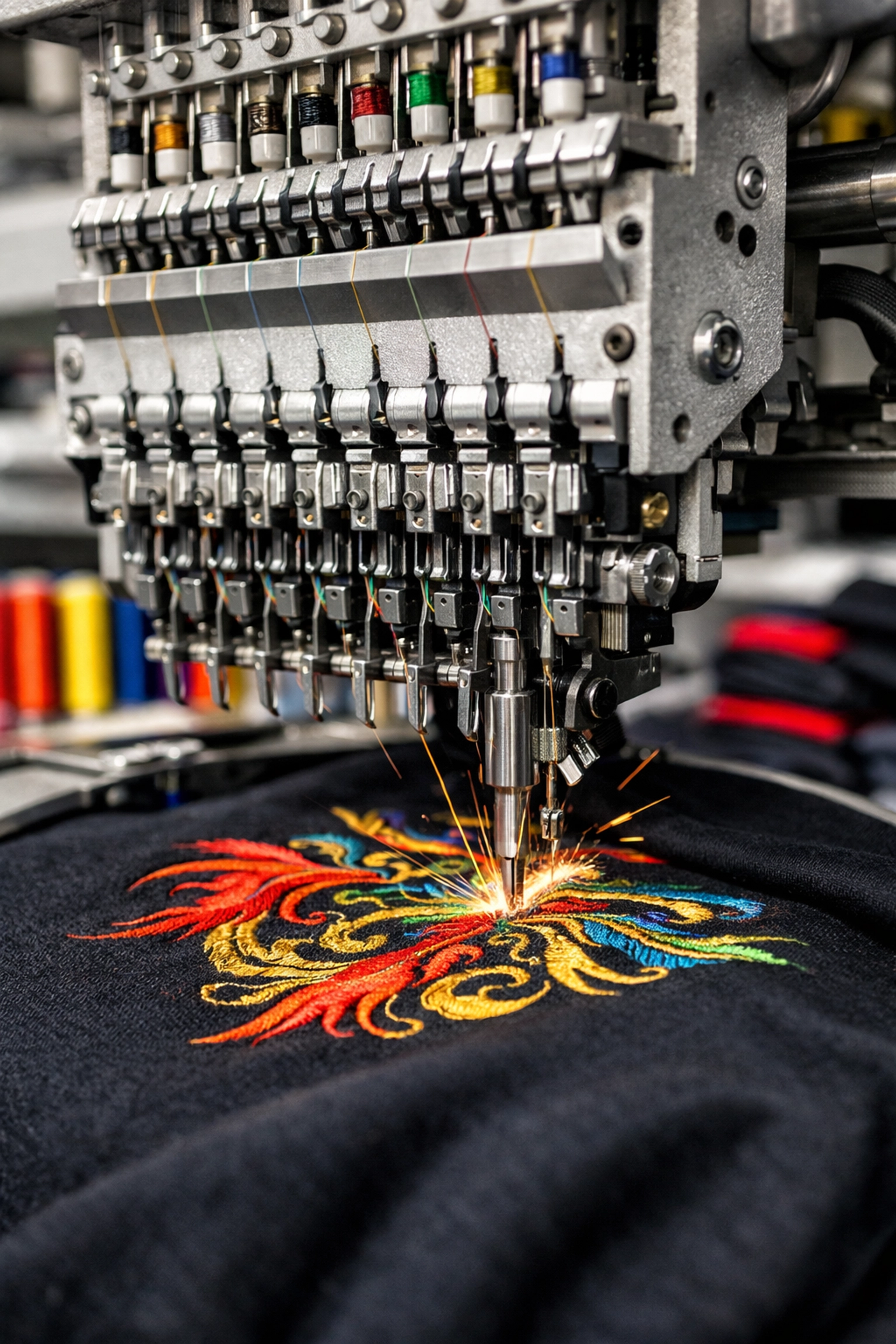 Industrial embroidery machine stitching a professional custom business logo on apparel.
