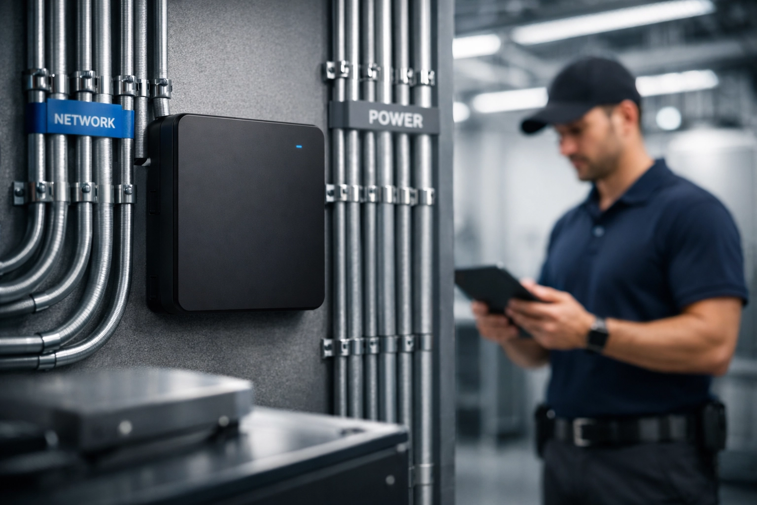 A modern POTS replacement digital gateway installed in a utility room to modernize business telecommunications.