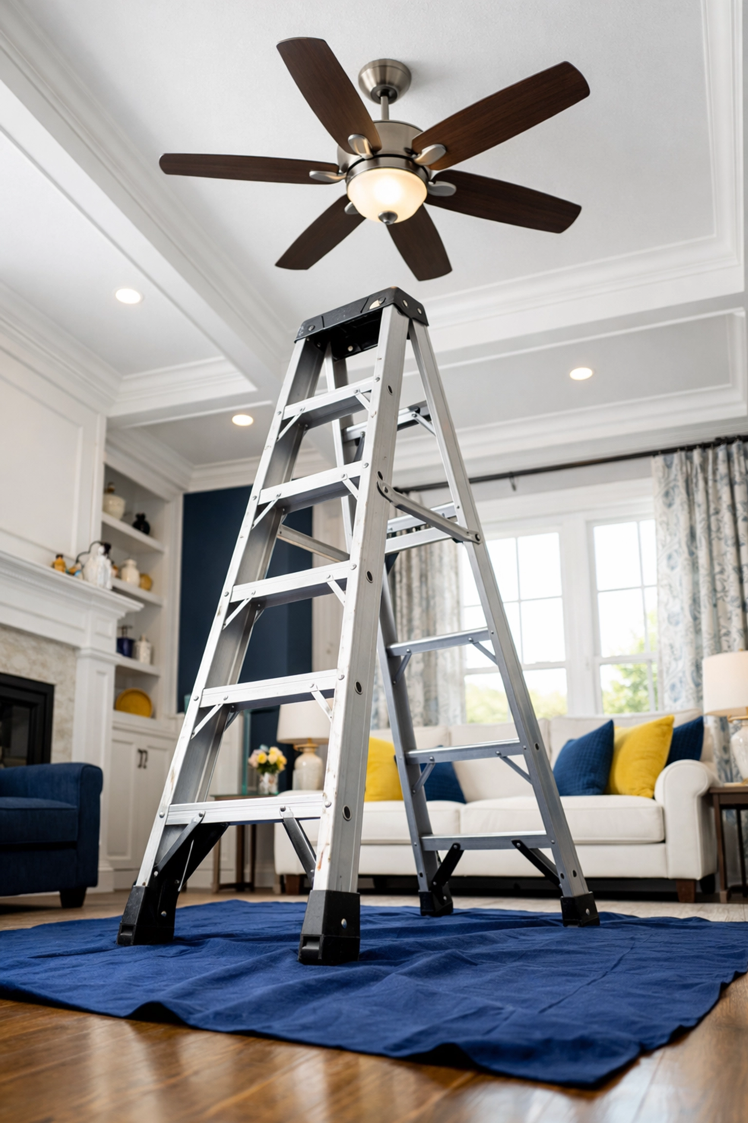A sturdy A-frame ladder on a drop cloth prepared for safe ceiling fan cleaning in a living room.