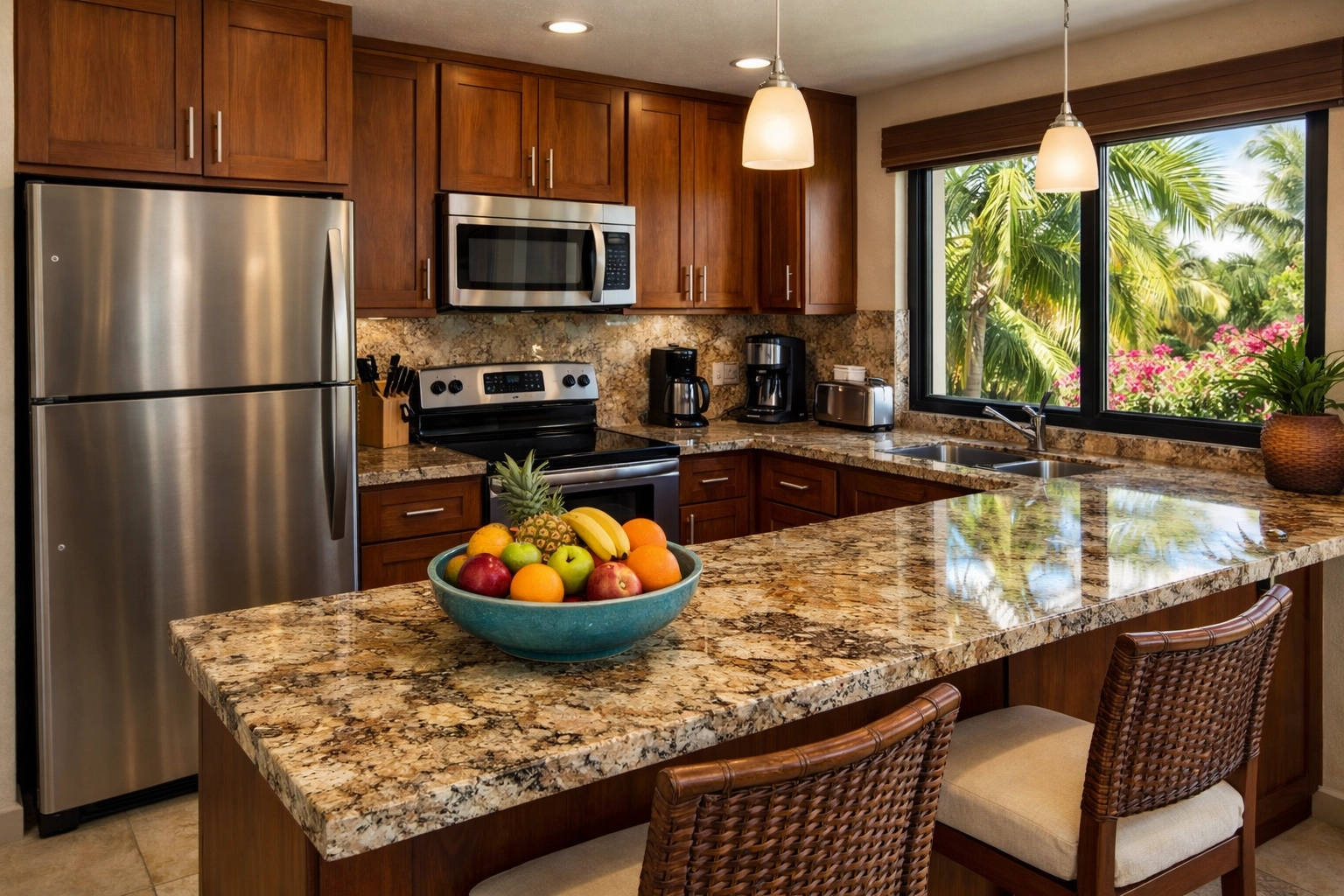 Fully equipped kitchen in Puerto Vallarta condo rental with granite countertops and modern appliances