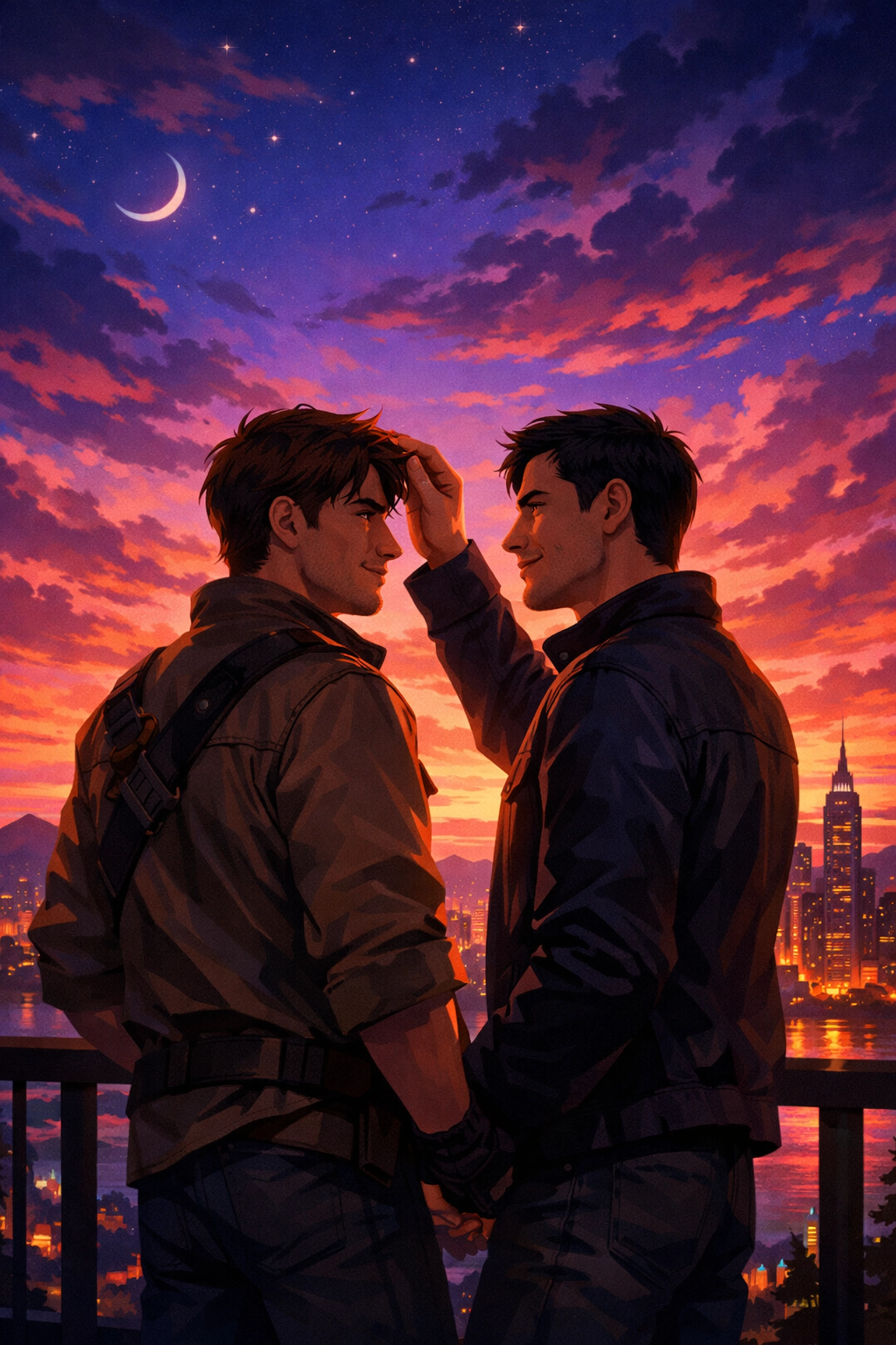 Two men sharing a romantic connection on a balcony at sunset, celebrating the courage of gay love stories.