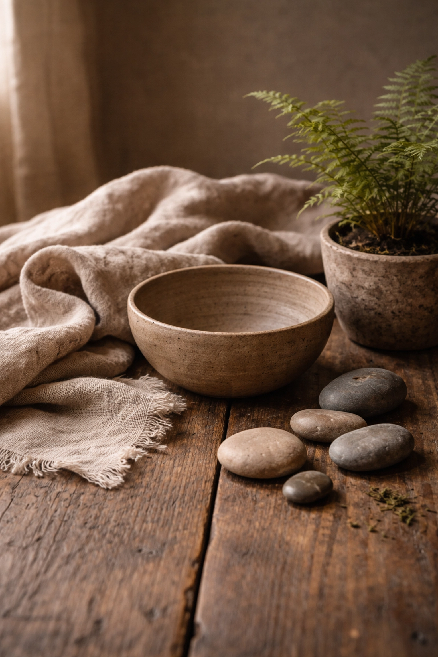 Natural materials like handmade pottery, linen, river stones, and a potted fern exemplify organic, nature-inspired home decor.