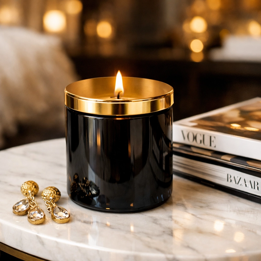 Luxury Black-owned home decor featuring a premium scented candle and handcrafted gold jewelry.