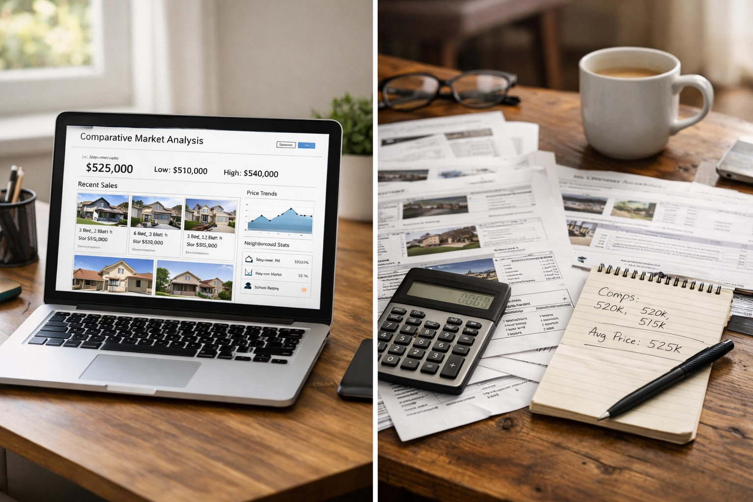 Professional CMA dashboard comparison showing FSBO pricing tools versus manual home valuation research