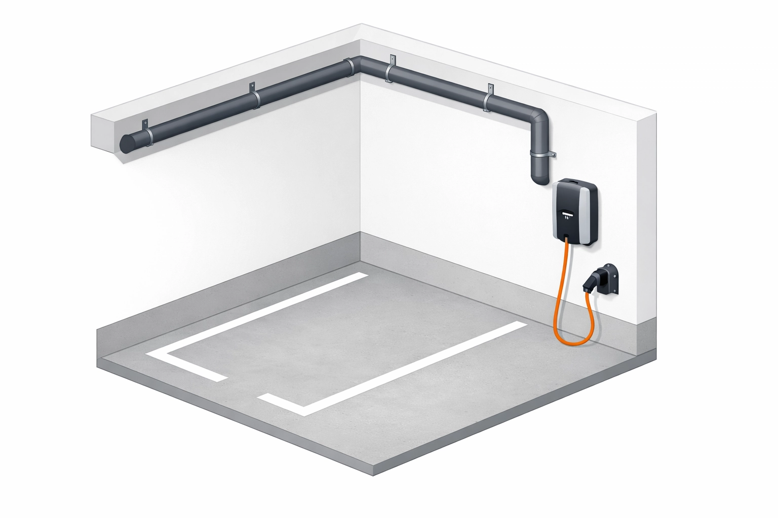 Ladeinfrastruktur und Wallbox Montage in einer Wiener Tiefgarage als isometrische Grafik.