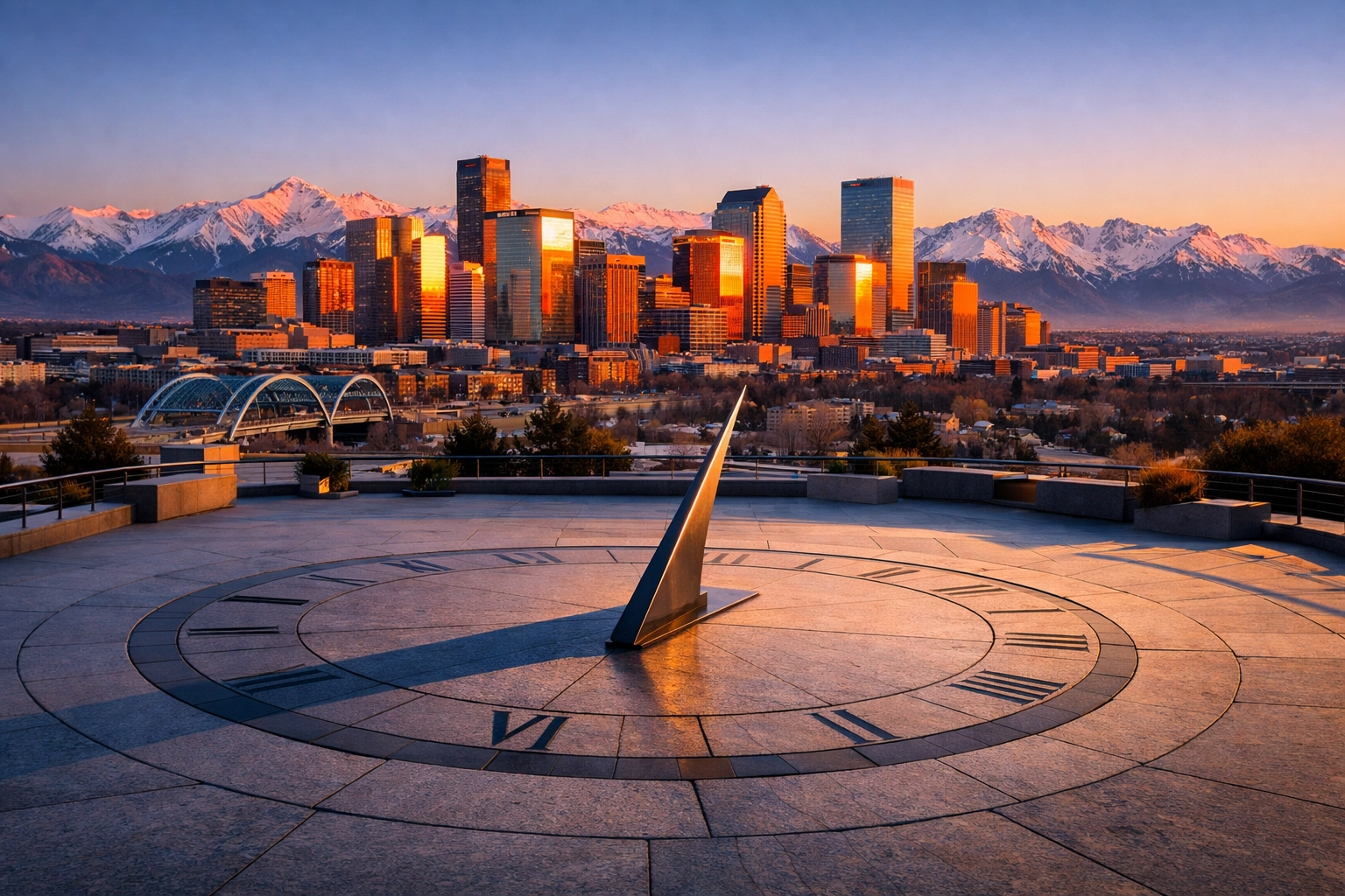 Denver skyline and Rocky Mountains at dawn, symbolizing Mountain Standard Time accuracy in Colorado.