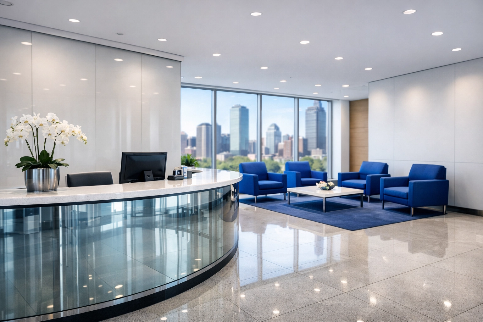 Smudge-free reception desk in a prestigious Boston Financial District lobby, part of regular office cleaning Boston MA.
