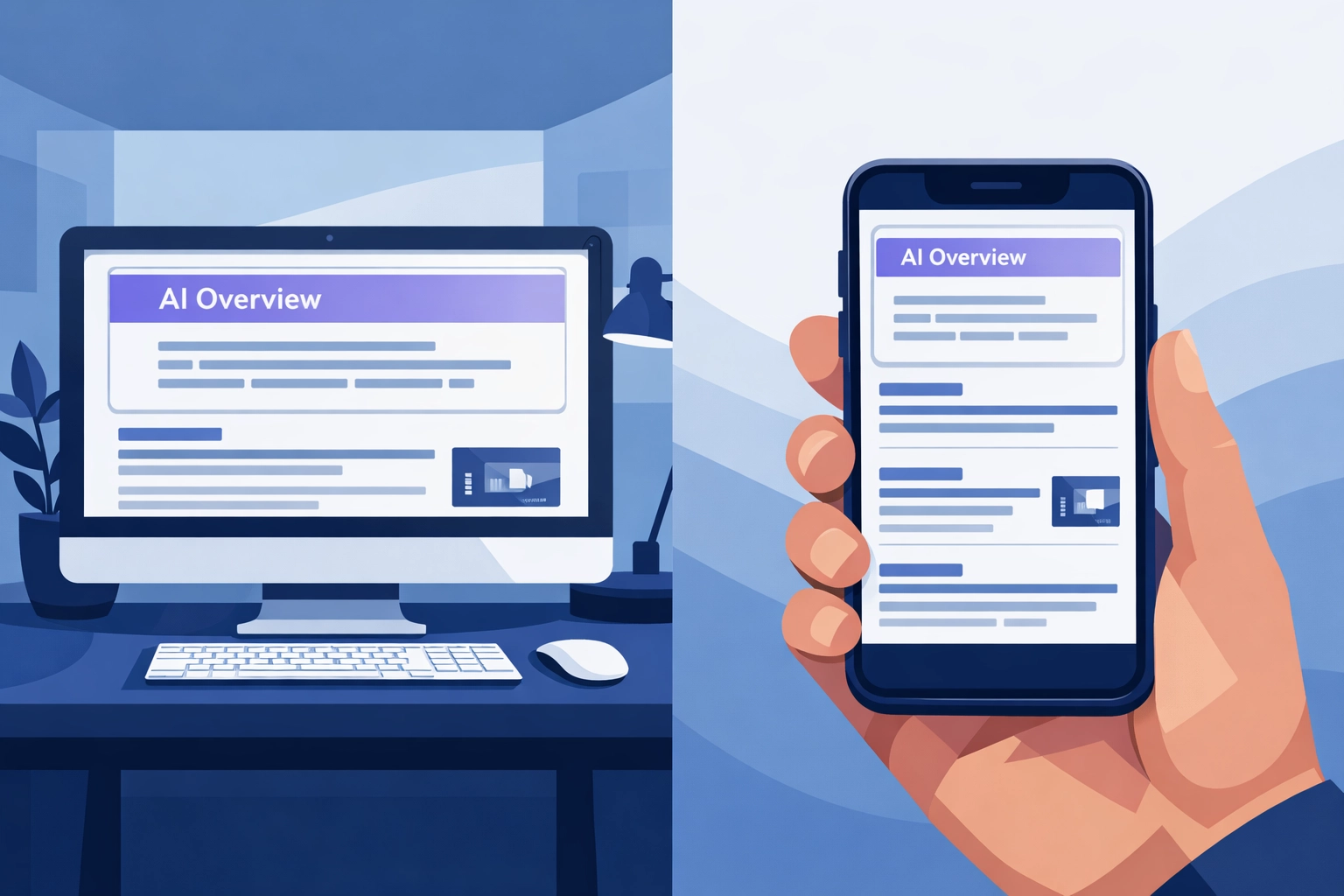 Responsive web design shown on desktop and mobile devices with AI Overview results