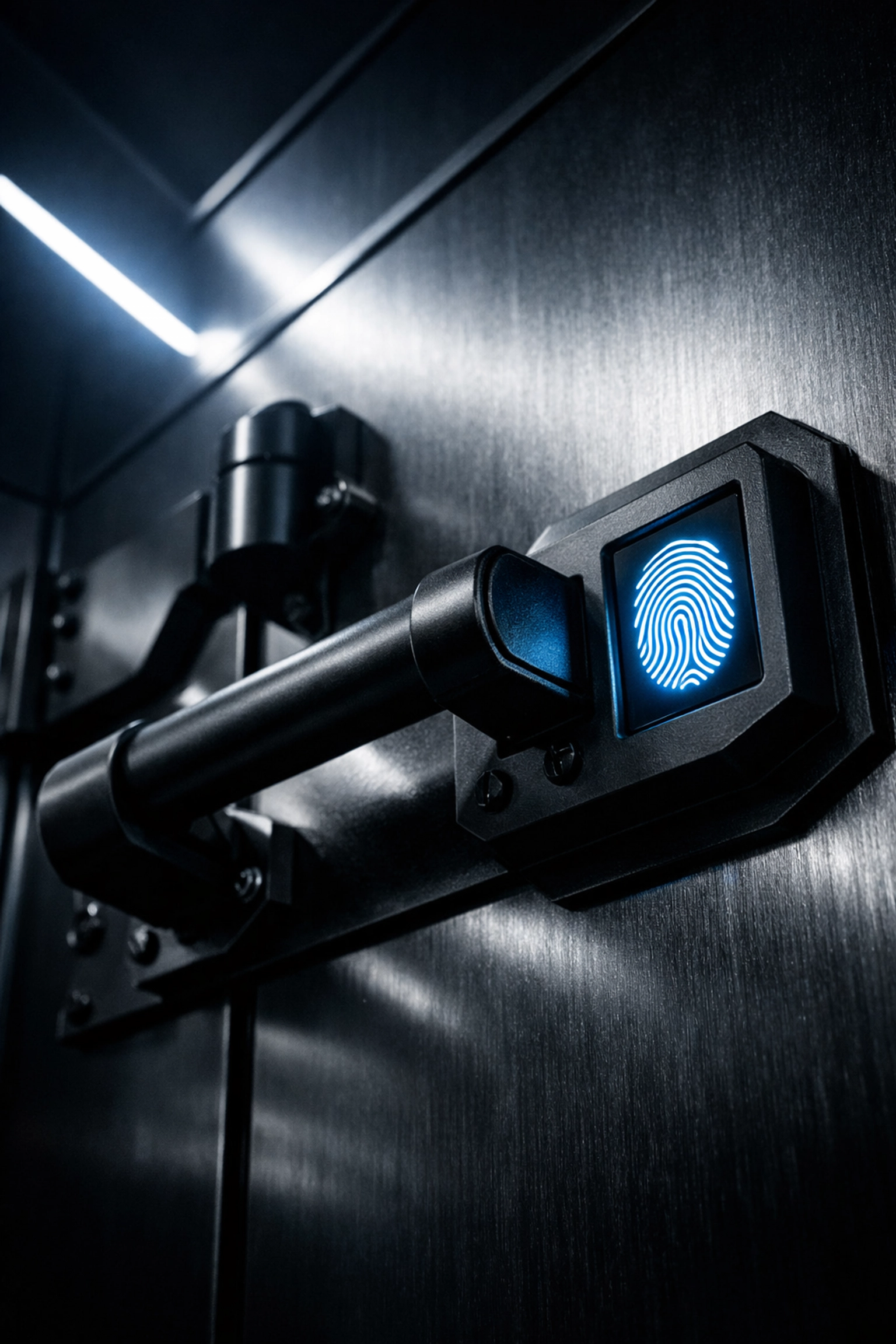 A biometric fingerprint scanner on a high-tech vault door symbolizing a secure digital footprint and data control.