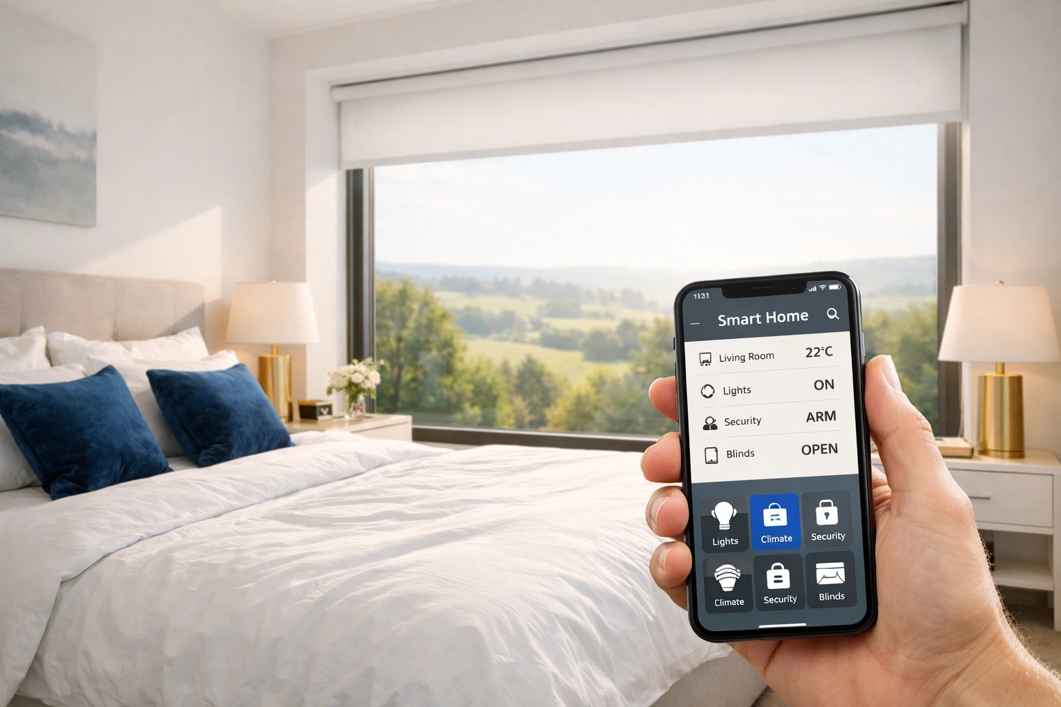 Motorised roller blinds in a luxury bedroom controlled via a smartphone app for a smart home routine.