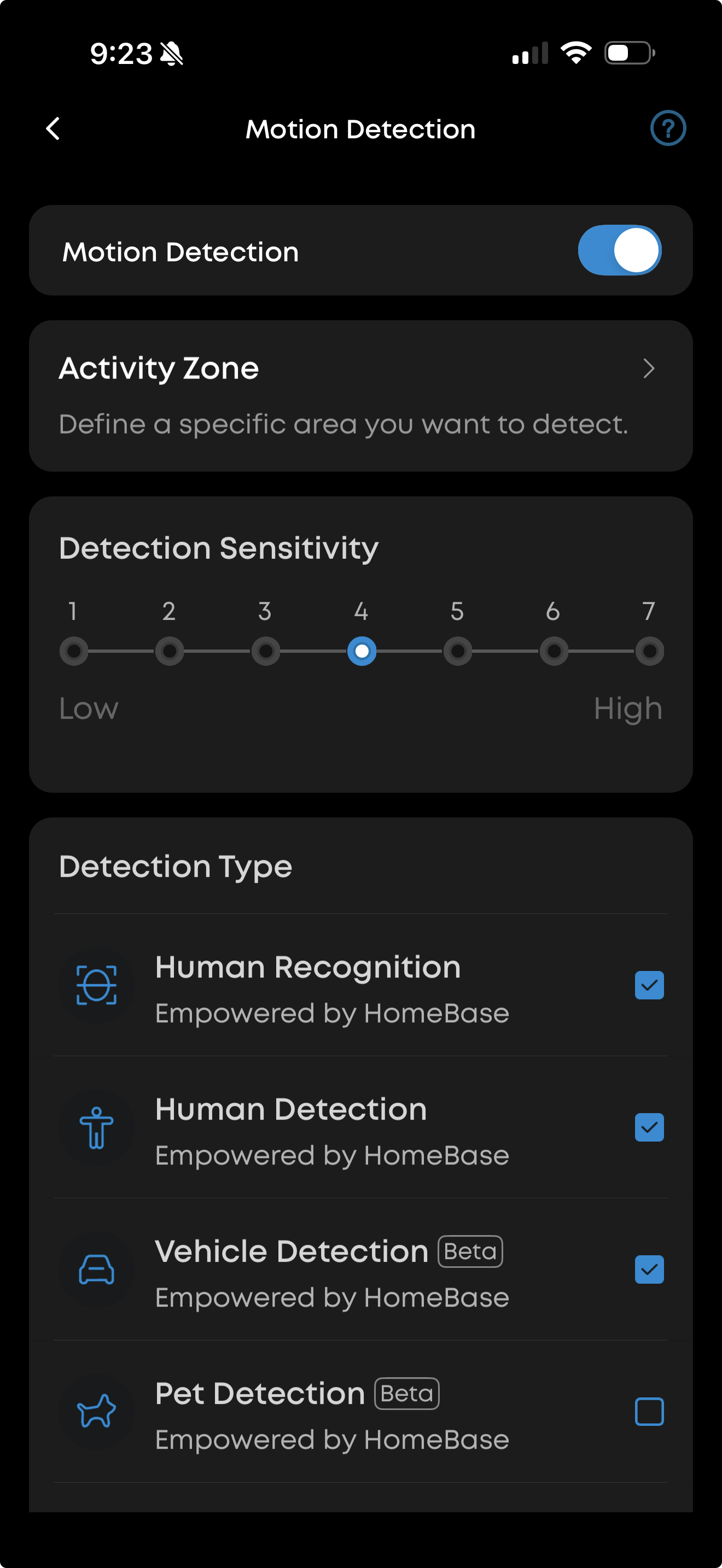 SmartSpot™ motion detection settings screen showing motion/activity zones you can adjust right from the app.