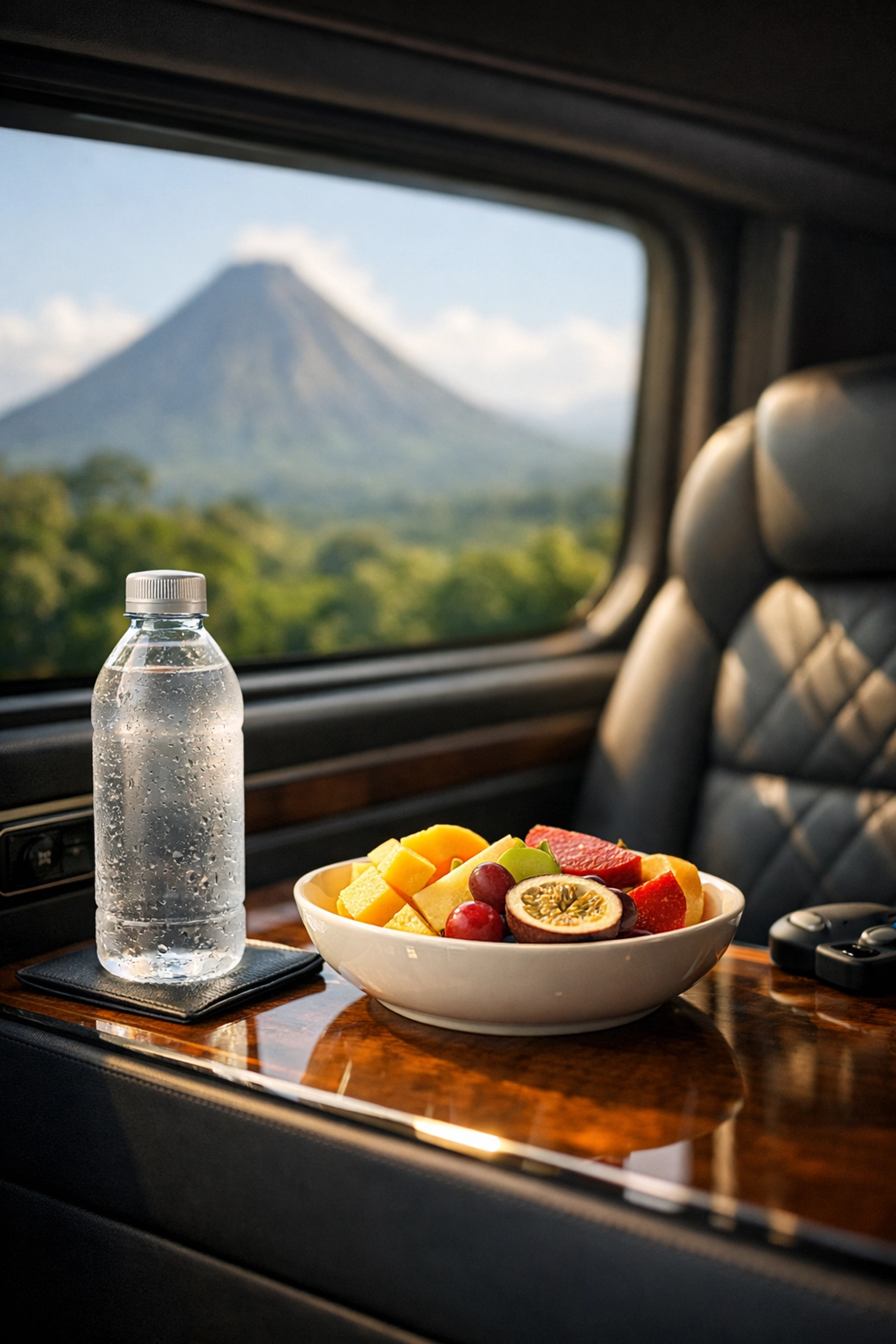 Interior of a luxury LIR to La Fortuna shuttle featuring VIP amenities and volcano views.