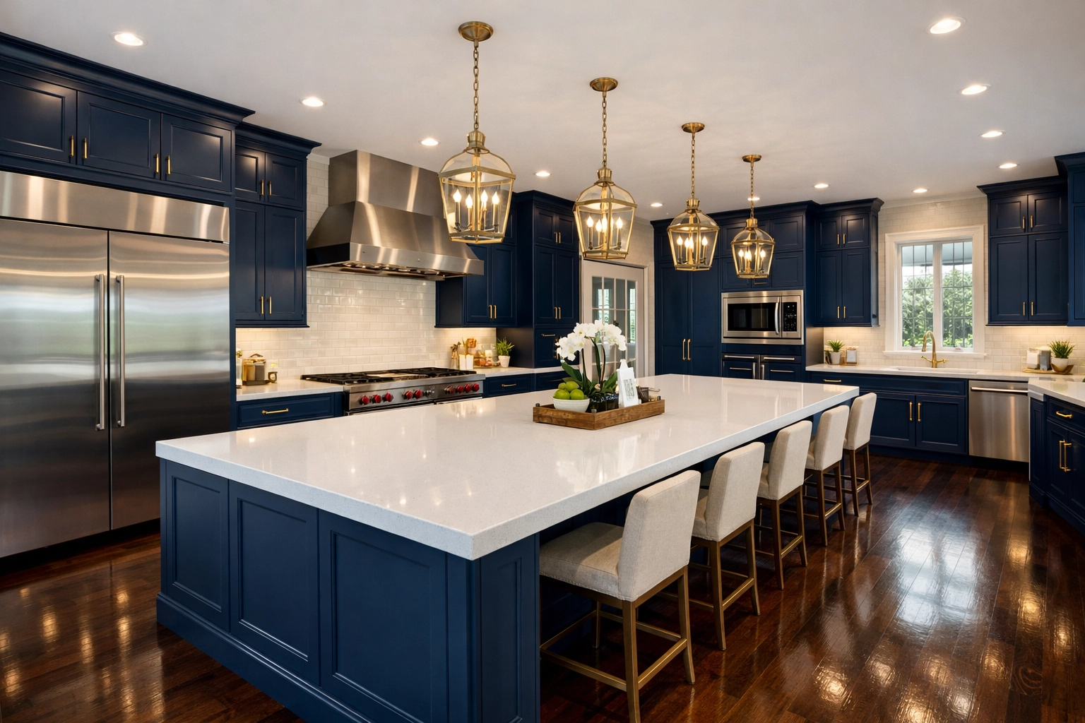 Spotless luxury kitchen in a Lexington mansion with a white quartz island and polished hardwood floors.