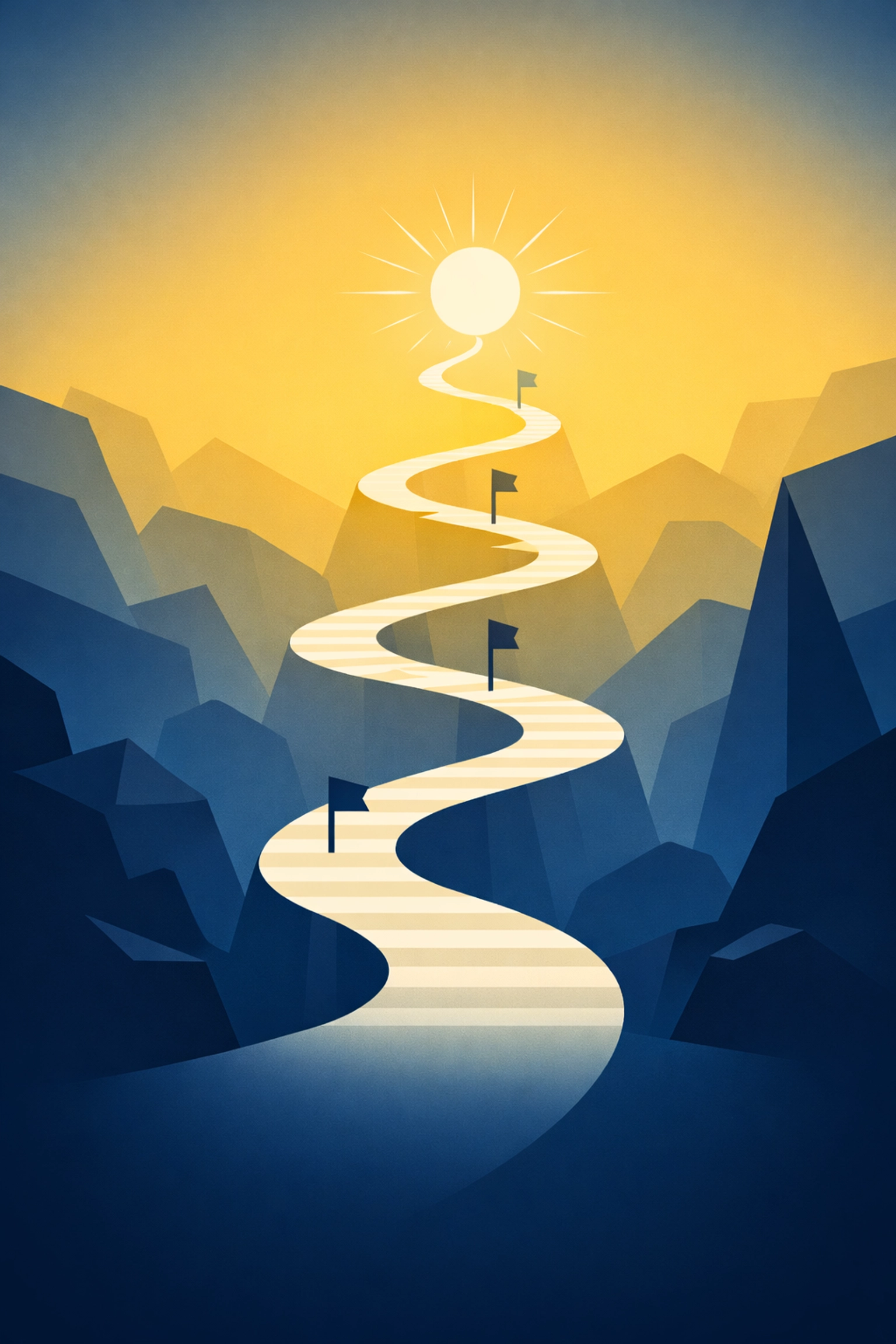 Creative journey path ascending upward with obstacles illustrating faith-driven progress and perseverance