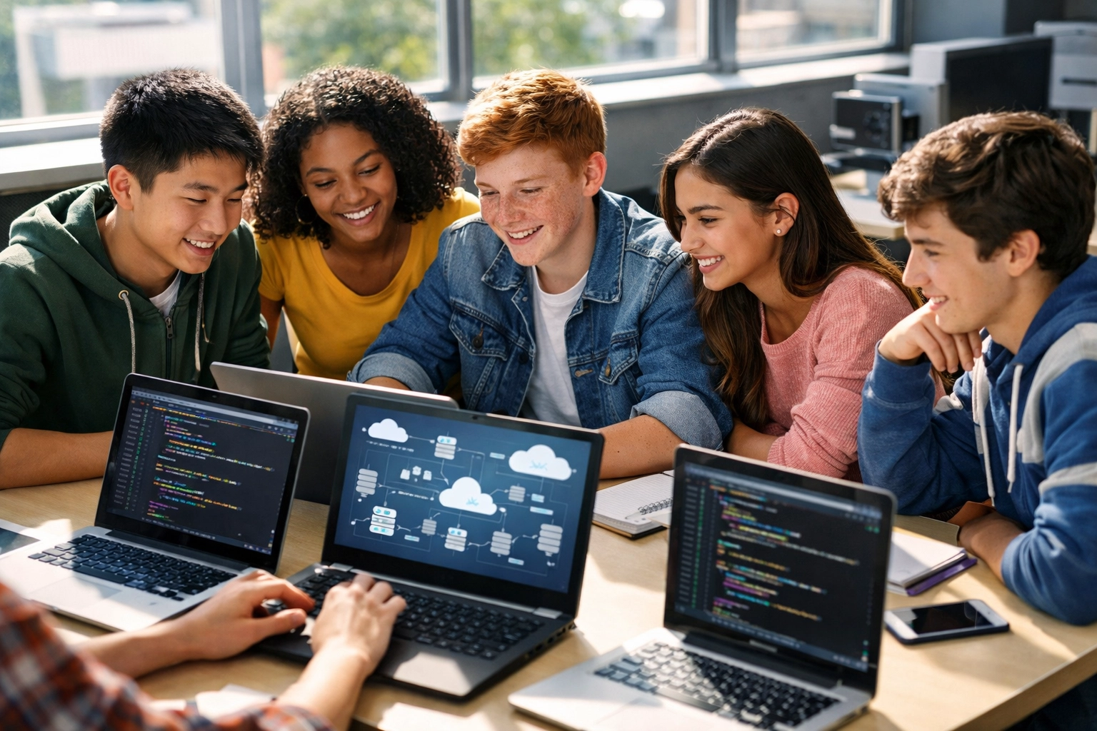 High school students collaborating on cloud and AI projects in computer lab