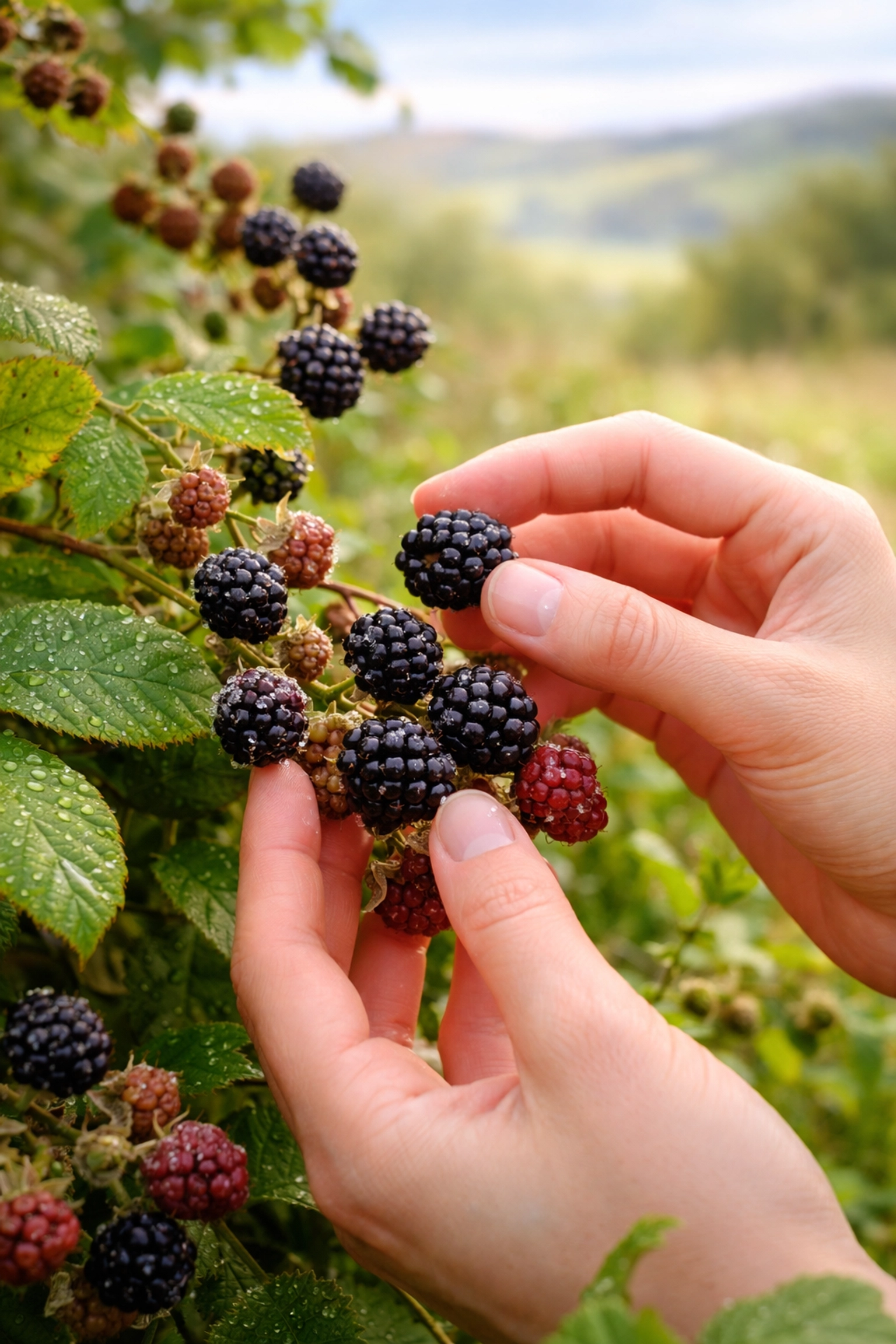Hands picking wild blackberries from a bush in the UK countryside, showing foraging skills for camping