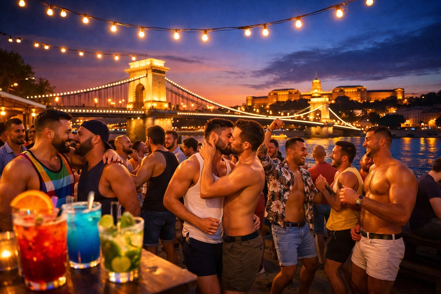 LGBTQ+ summer party on Danube riverbank with Chain Bridge and sunset in Budapest