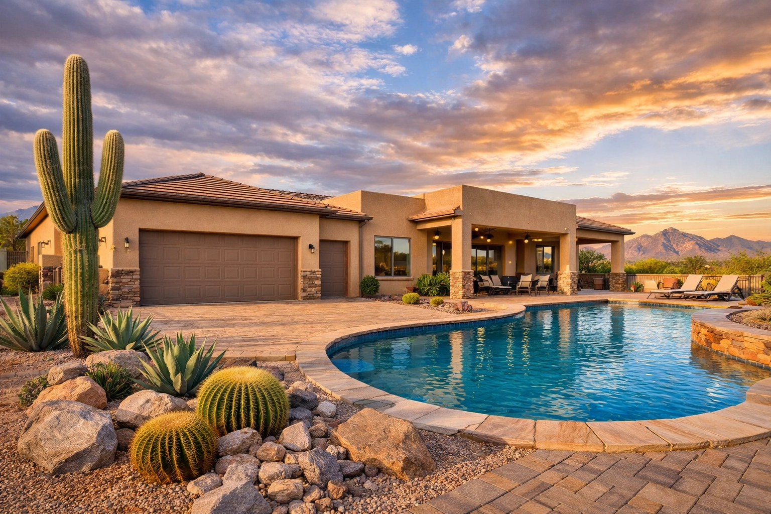 Modern Buckeye Arizona home with three-car garage, pool, and desert landscaping Modern Buckeye Arizona home with three-car garage, pool, and desert landscaping
