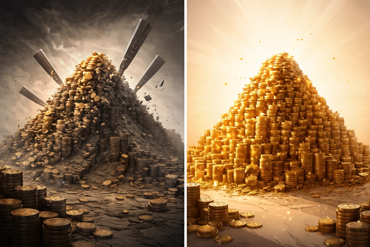 Comparison of gold coin piles showing the impact of transaction fees on merchant revenue for crypto payment platforms.