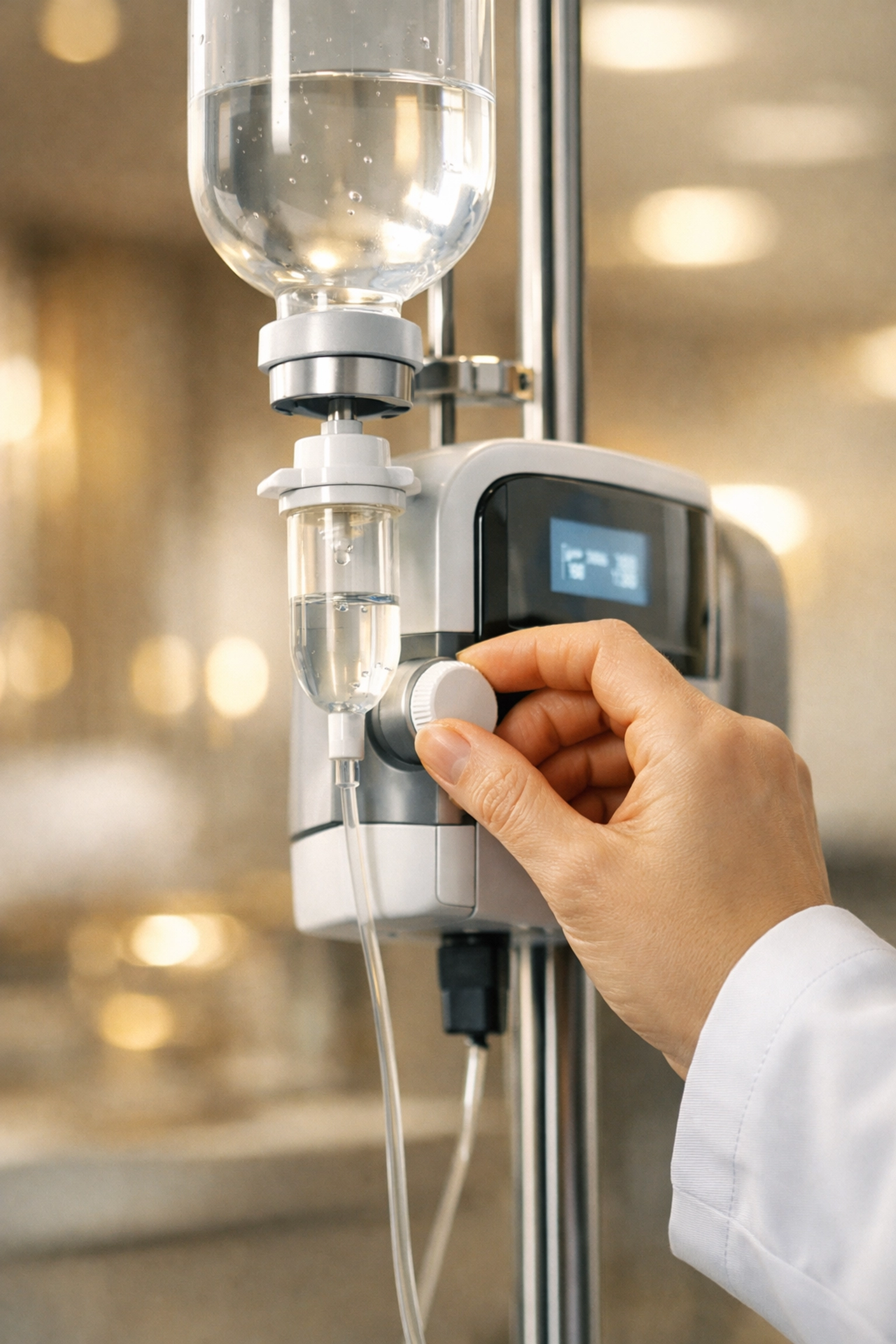 A healthcare provider adjusting an IV drip controller for a personalized wellness treatment at VidaVital Medical.