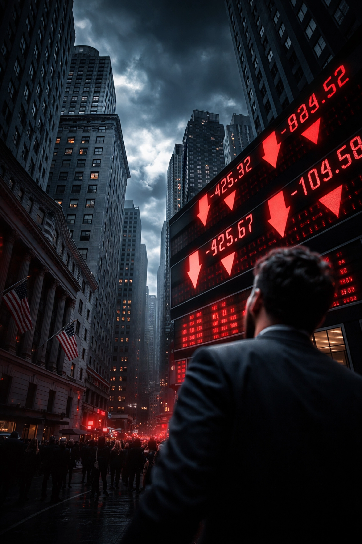 Wall Street buildings with plunging stock tickers and anxious investor, reflecting bank sector turmoil over credit card interest cap proposal.