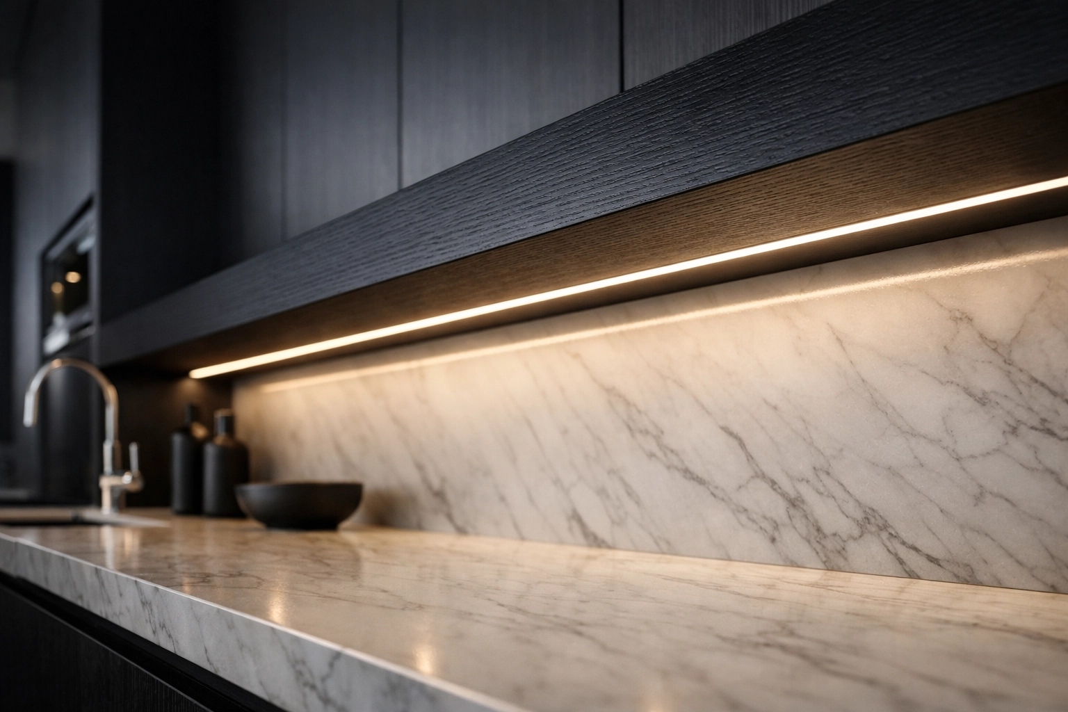 Seamless dot-free lighting in a modern kitchen using a recessed aluminum LED channel under shelving.